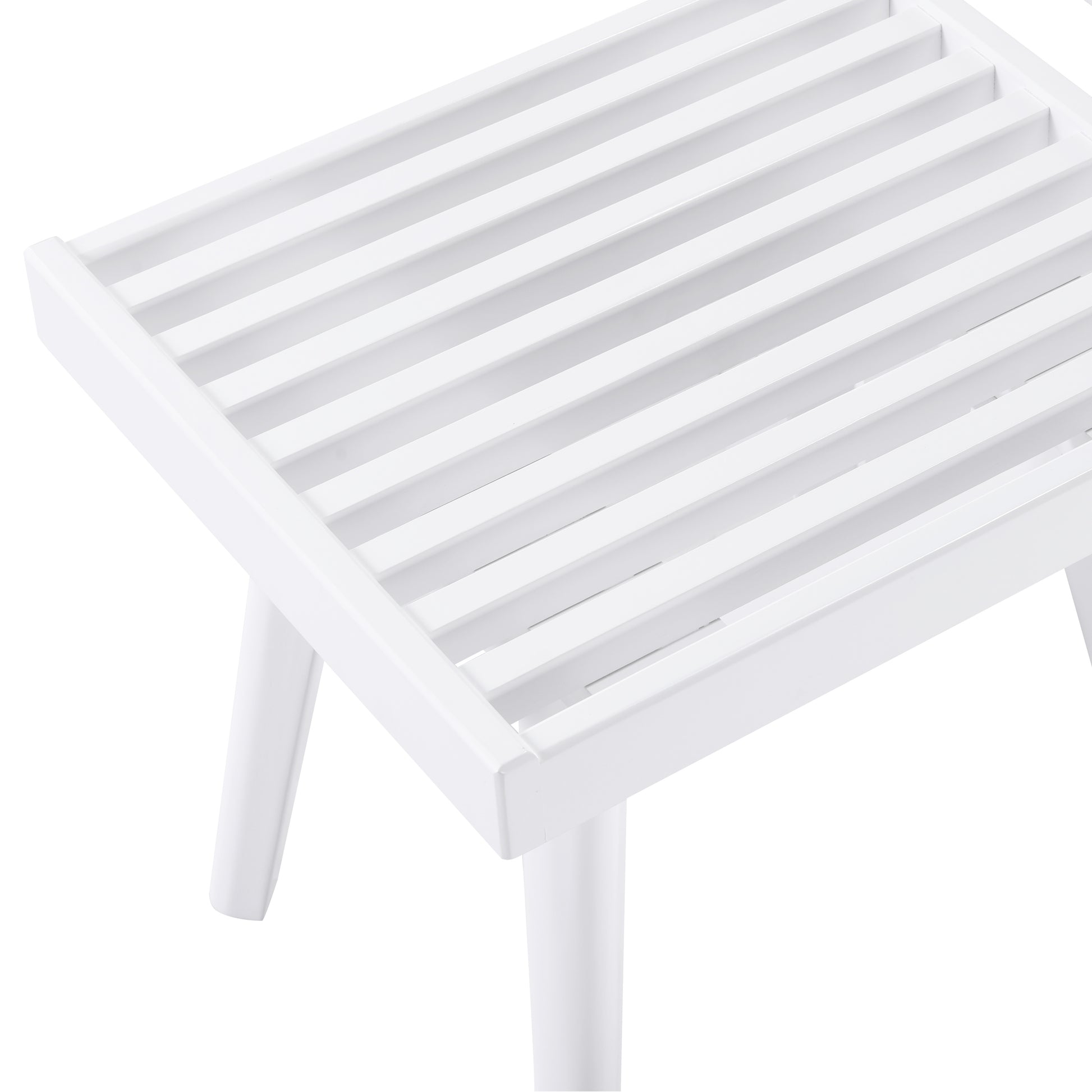 White slatted stool with wooden legs