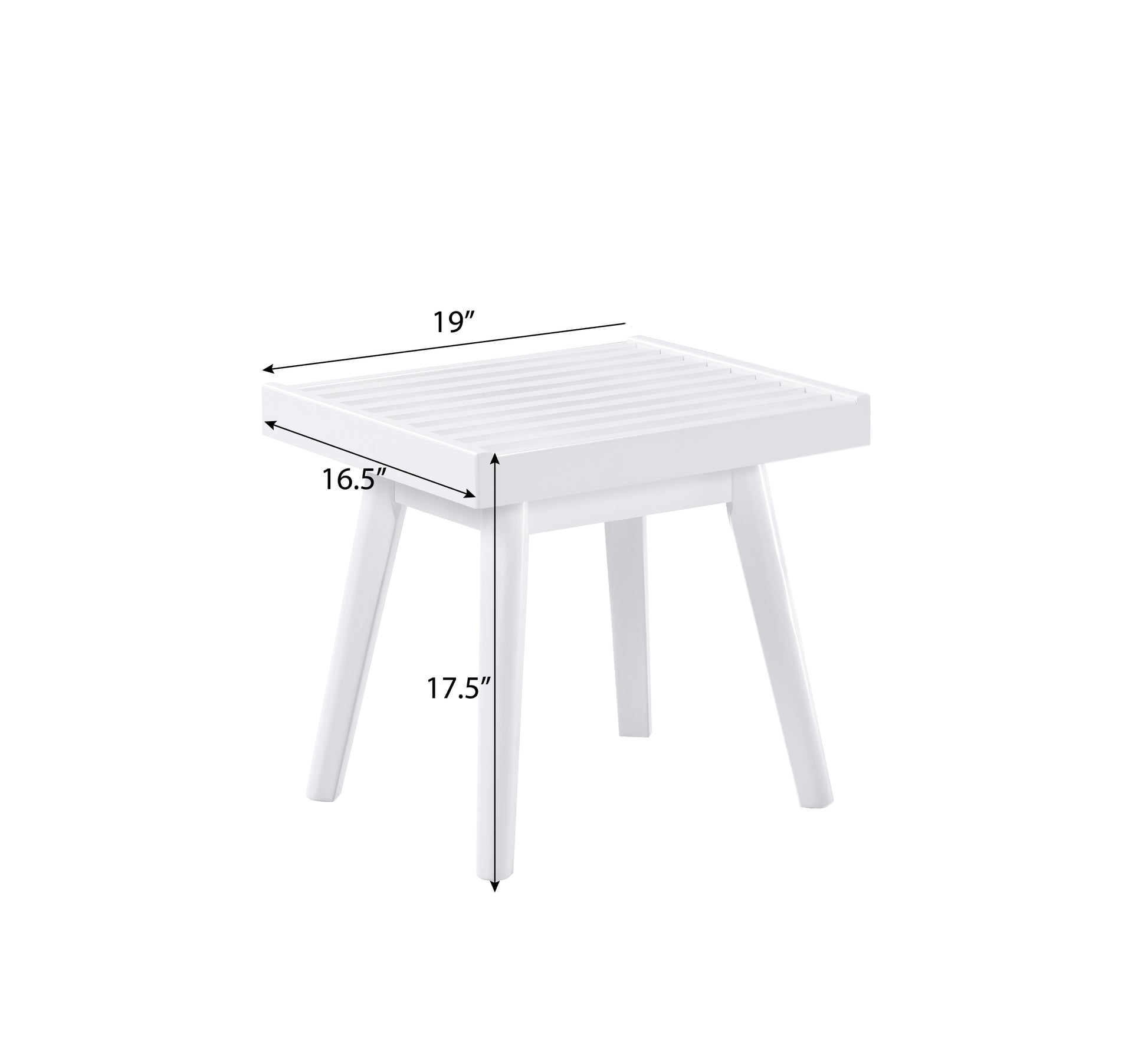 White slatted top side table with tapered legs and dimensions