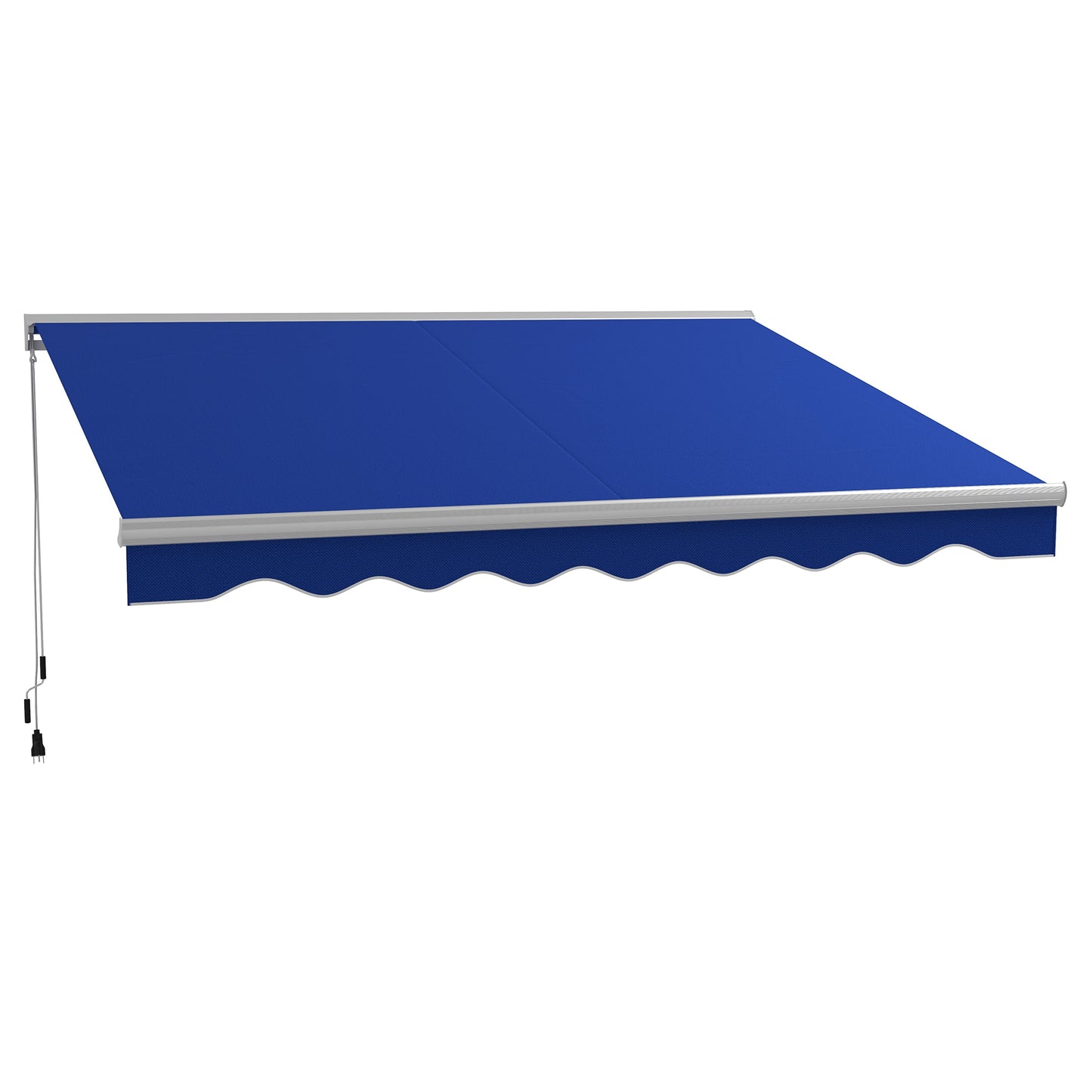 Electric retractable awning in vibrant royal blue fabric with scalloped edge