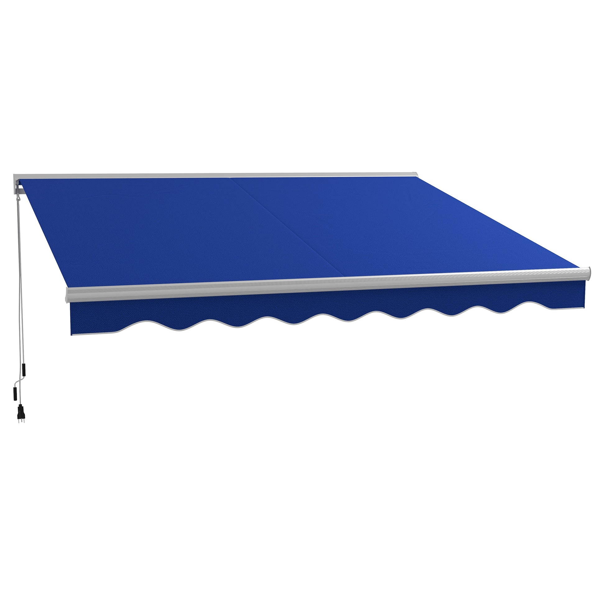 Electric retractable awning in vibrant royal blue fabric with scalloped edge