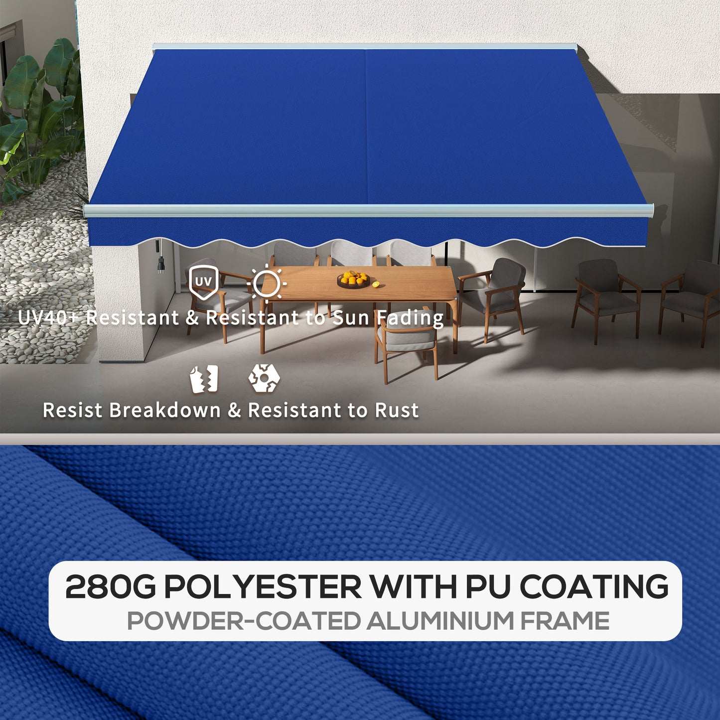 Royal blue retractable awning offering UV protection and sun fading resistance