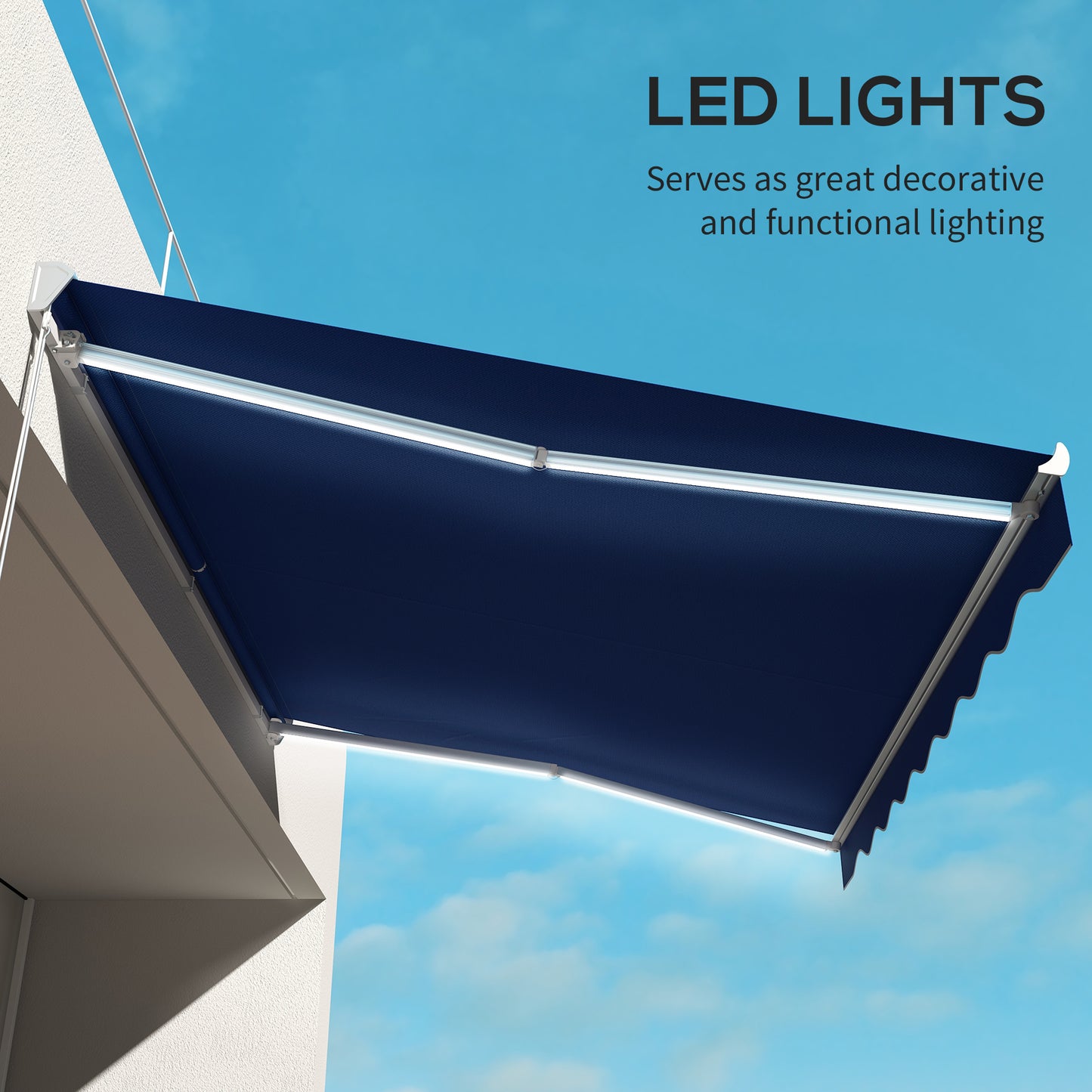 Dark blue retractable awning with integrated LED lights perfect for patio ambiance
