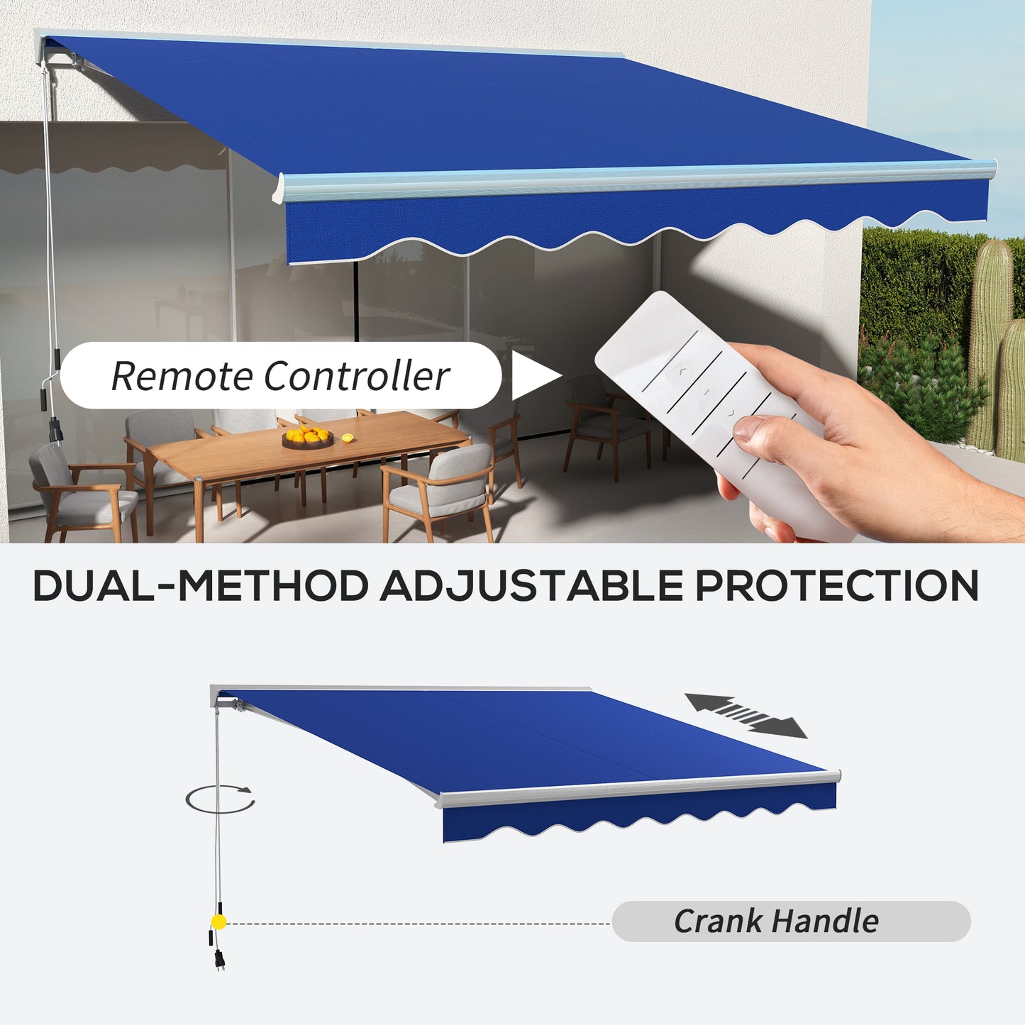 Royal blue retractable awning with scalloped edge operated by remote control