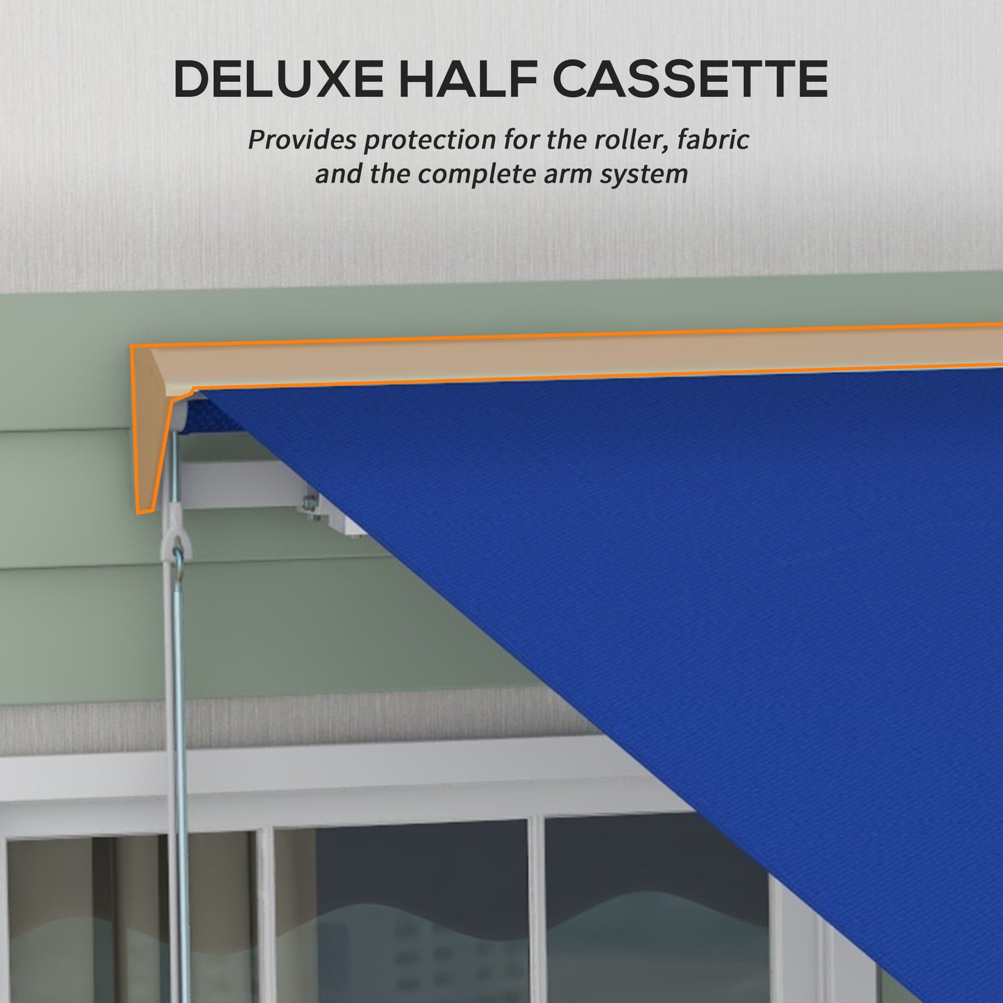 Deluxe half cassette awning with blue fabric protecting the roller and arm system