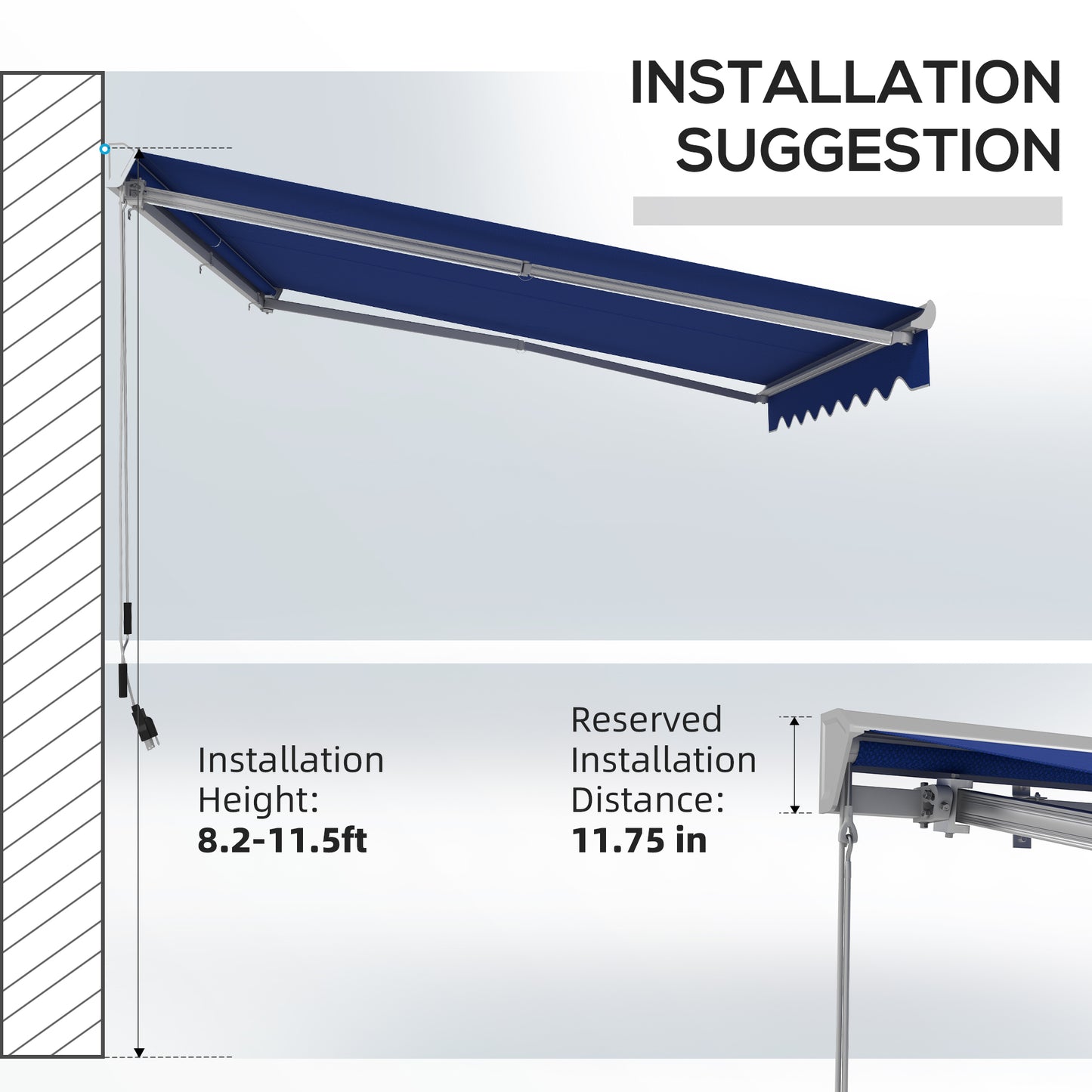 Dark blue retractable awning with silver frame for patio sun shade
