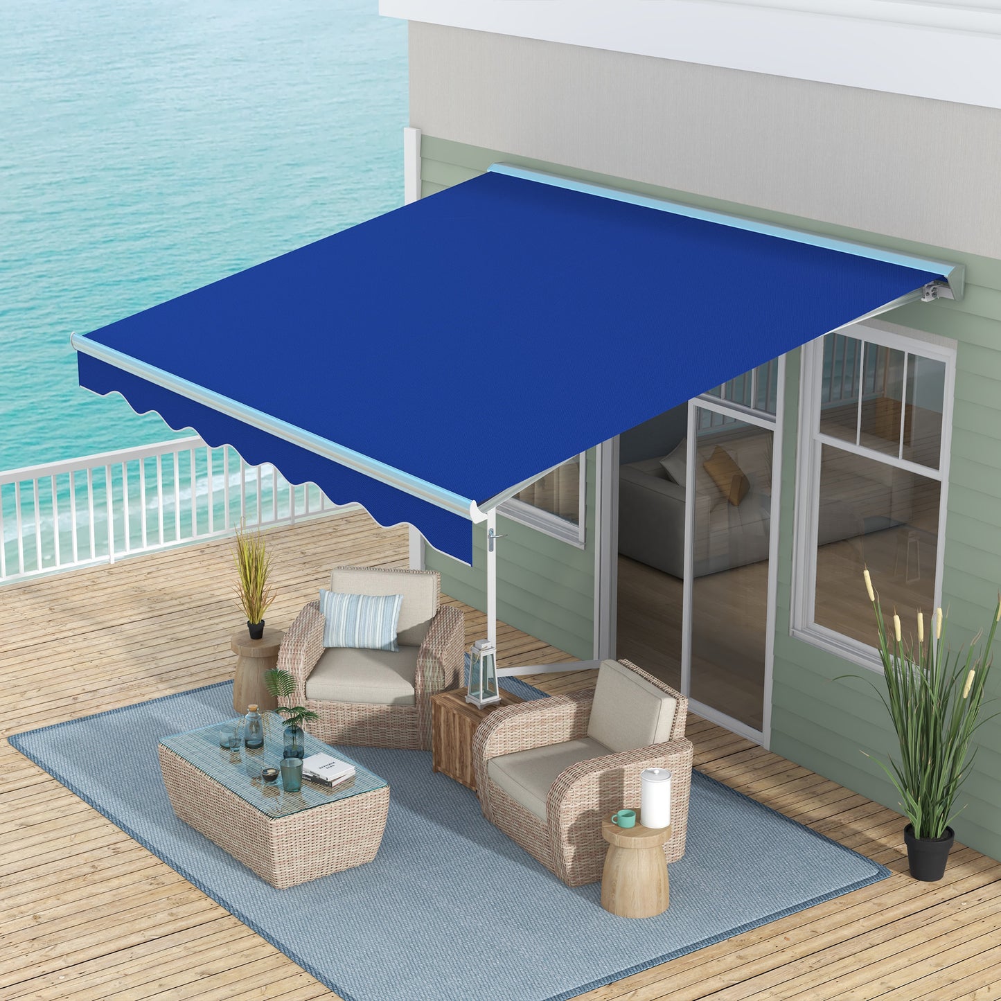 Retractable patio awning in vibrant royal blue offering shade over a coastal deck lounge area