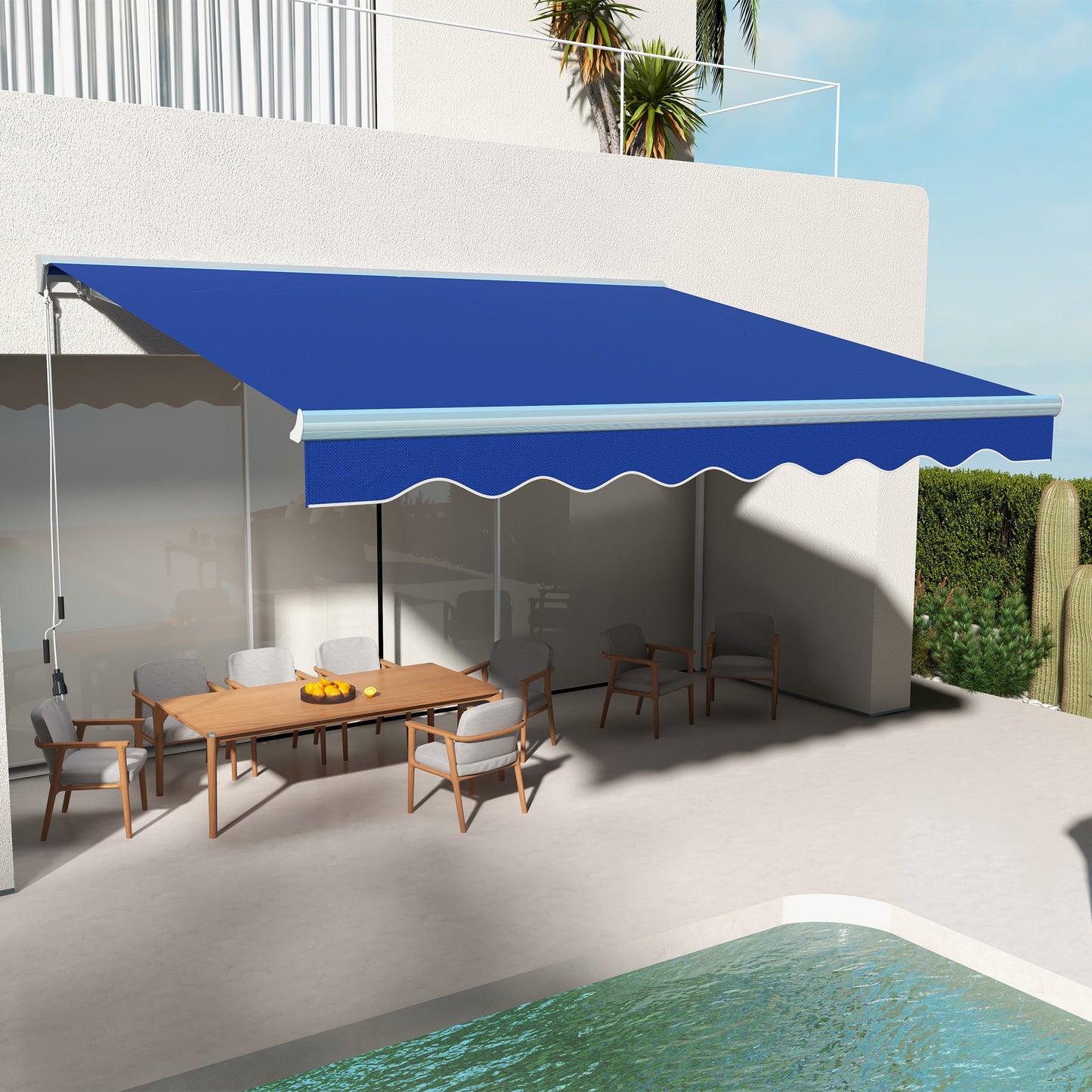Retractable patio awning in vibrant blue providing shade for an outdoor dining area