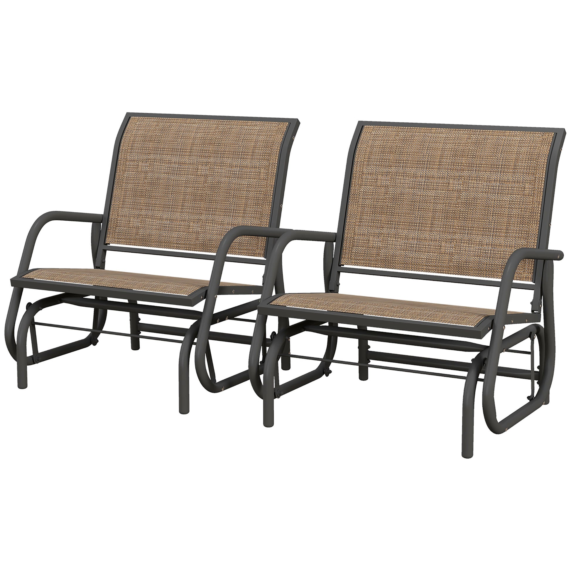 Two dark grey metal frame patio gliders with tan woven seats and backs