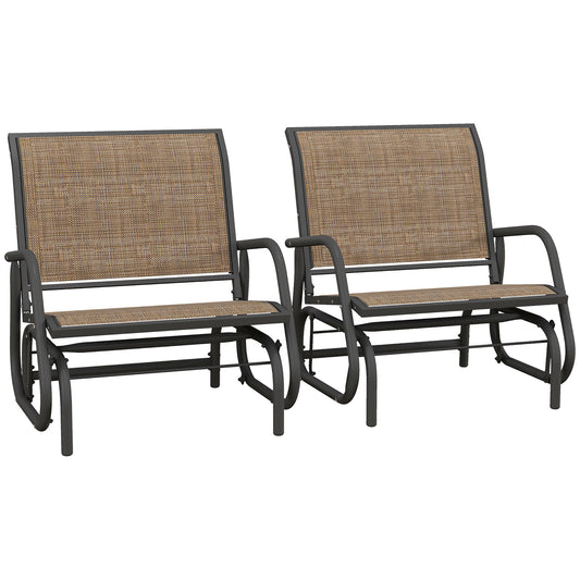 Two outdoor gliders with dark grey metal frames and woven tan seats and backs perfect for patio seating