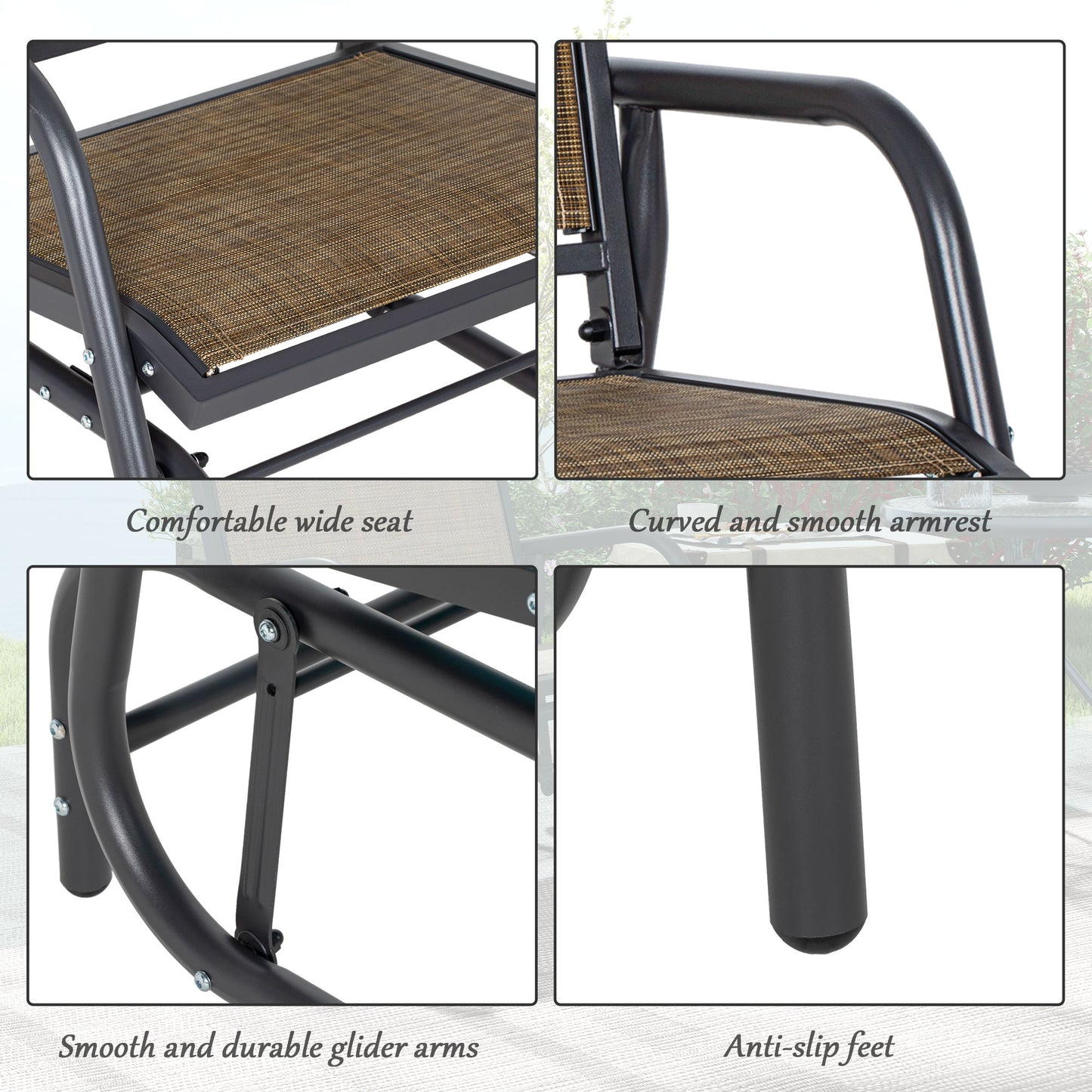 Black metal outdoor glider with brown woven seat detail