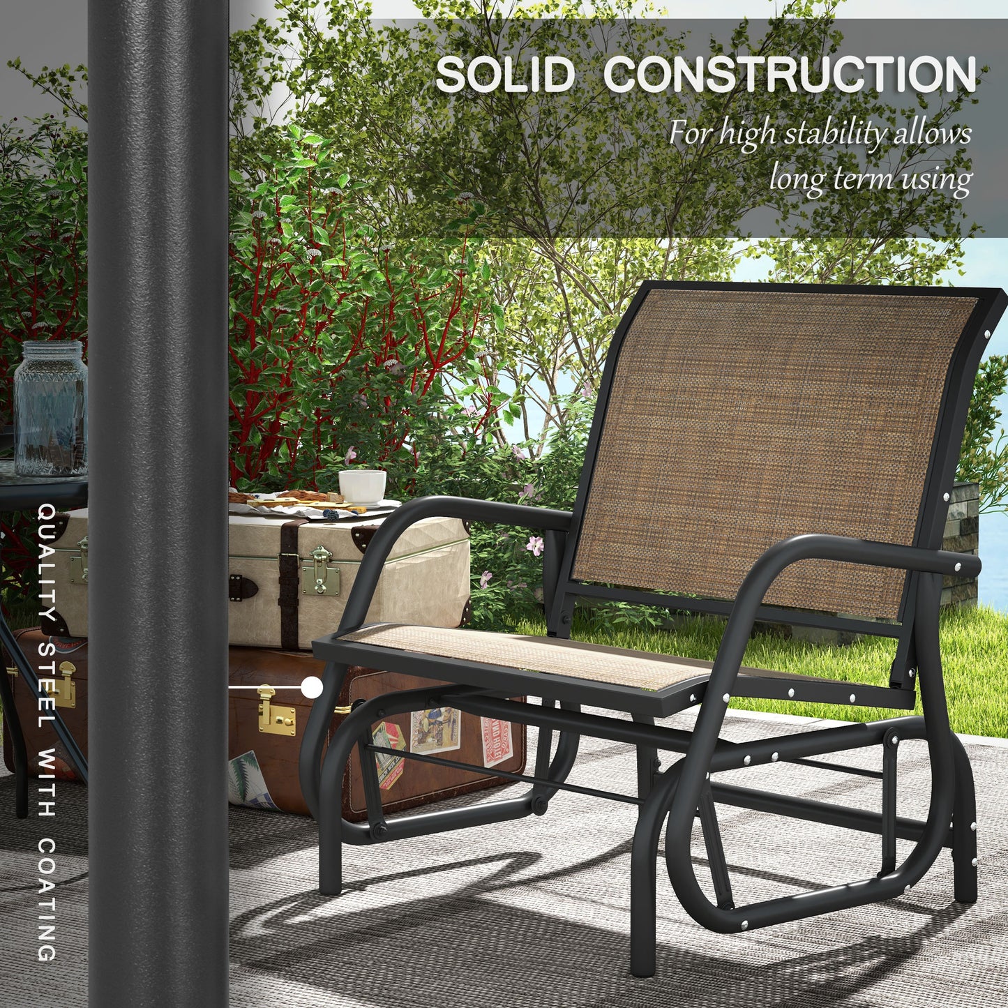 Black metal glider bench with brown woven seat and back perfect for patios