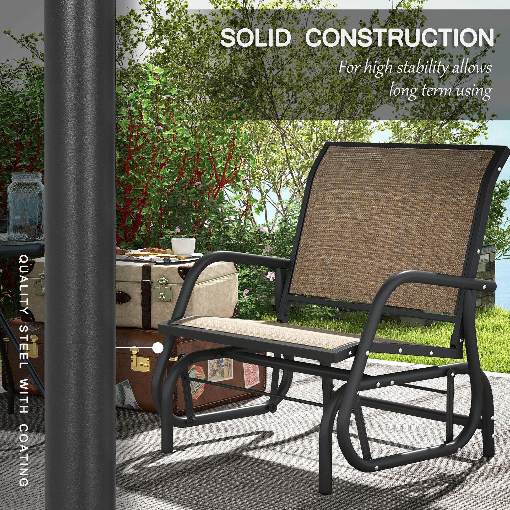 Black metal glider bench with brown woven seat and back perfect for patios