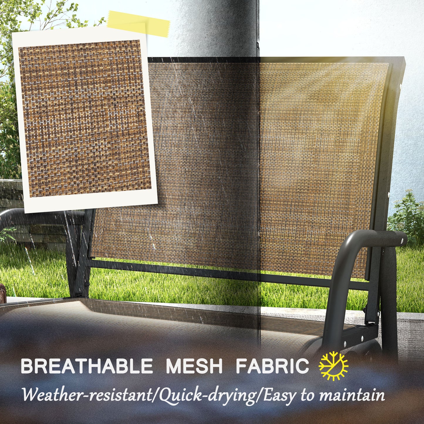 Closeup of textured brown woven mesh fabric on an outdoor swing seat