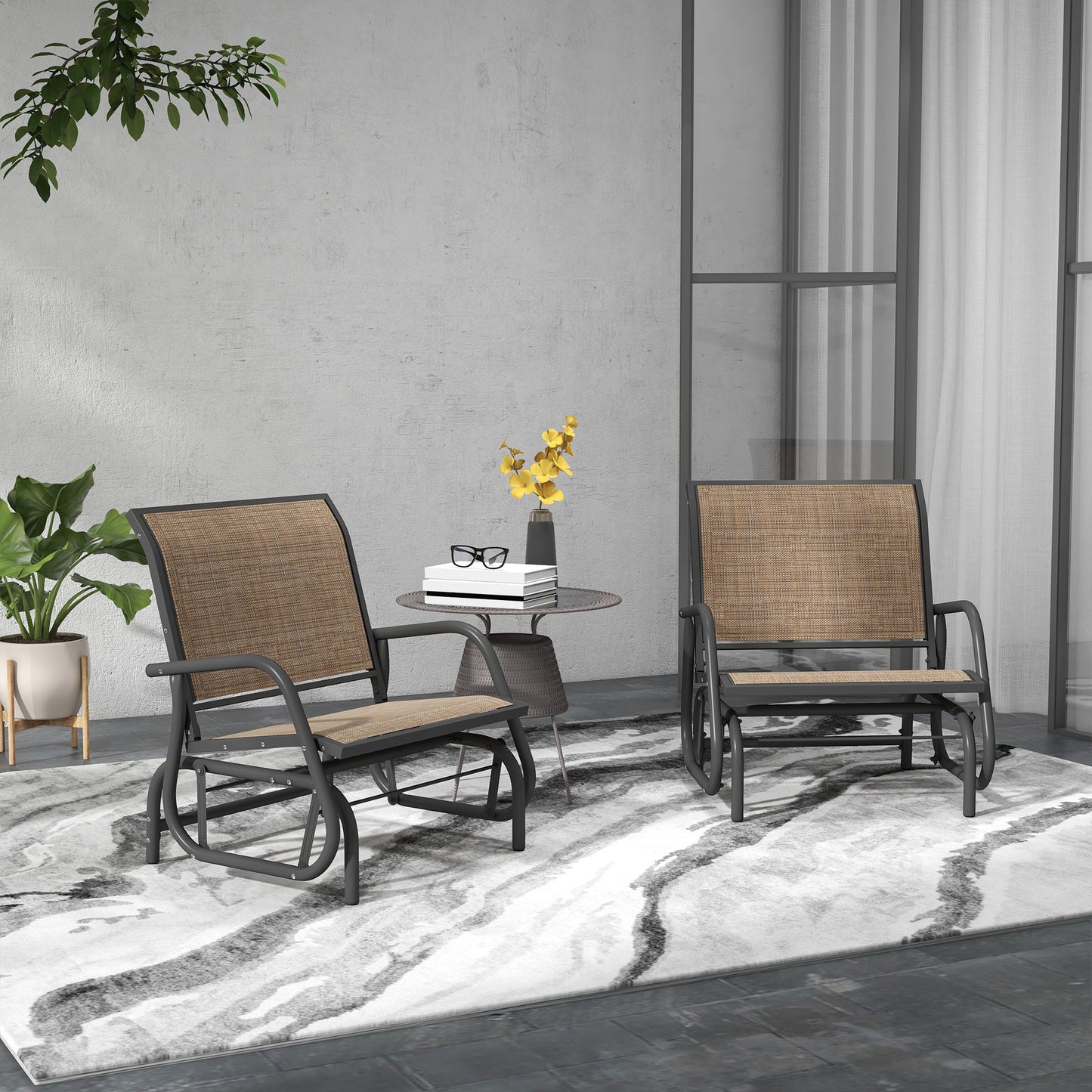 Gray metal patio glider chair with woven tan seat and back set of two