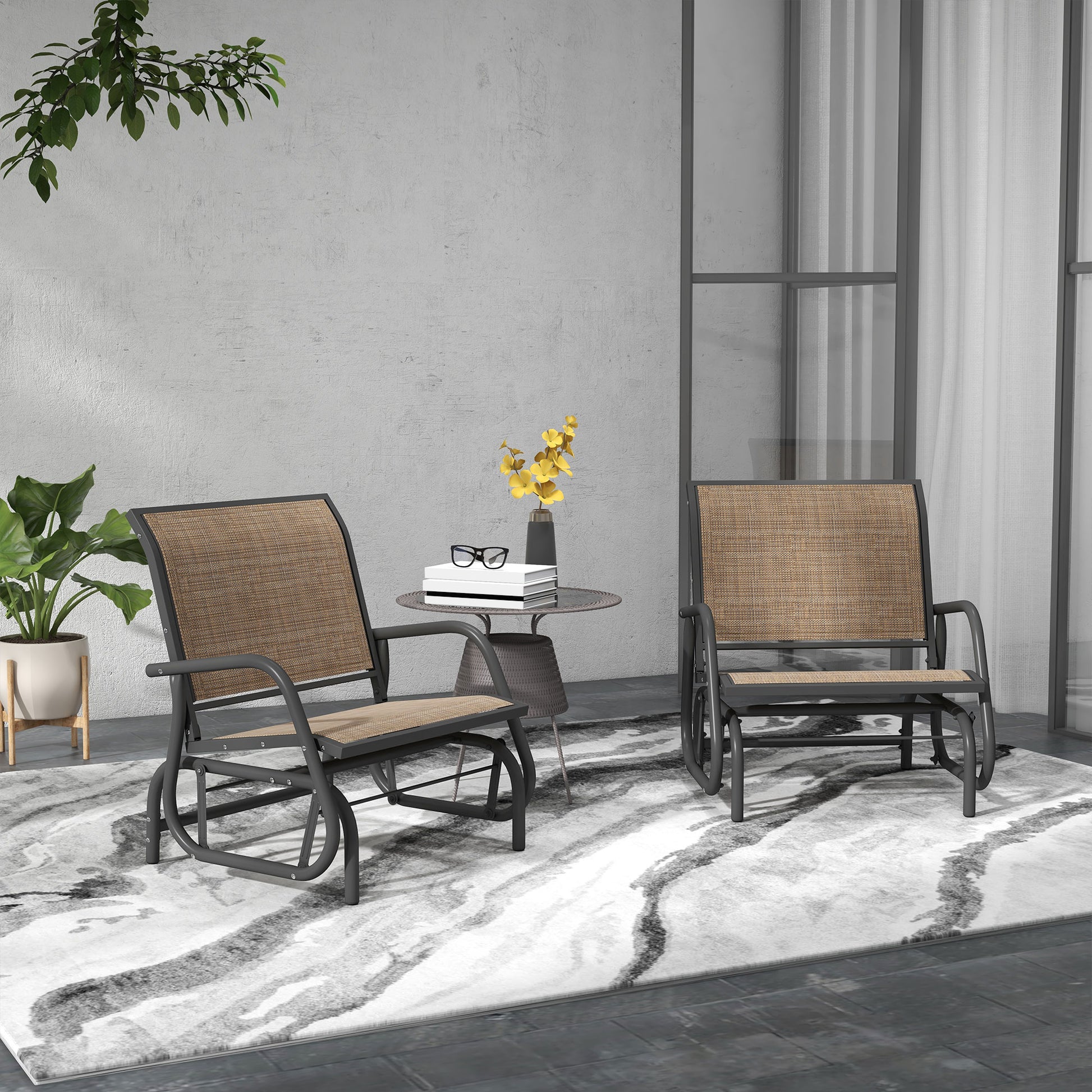 Gray metal patio glider chair with woven tan seat and back set of two