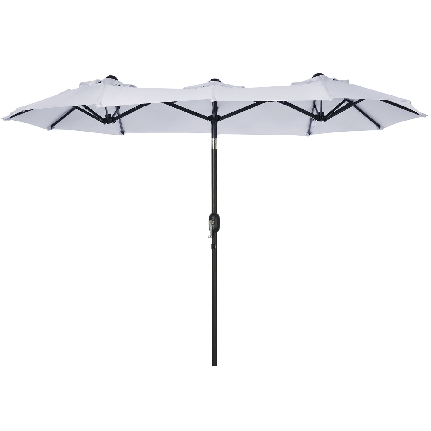 Light grey patio umbrella with three connected canopies and a black pole
