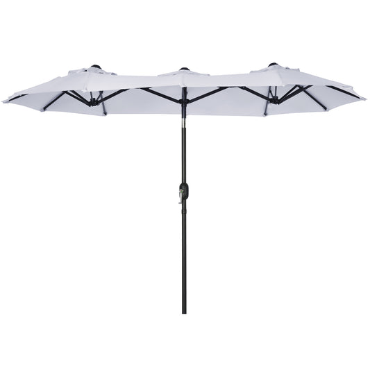 Light grey patio umbrella with three connected canopies and a black pole