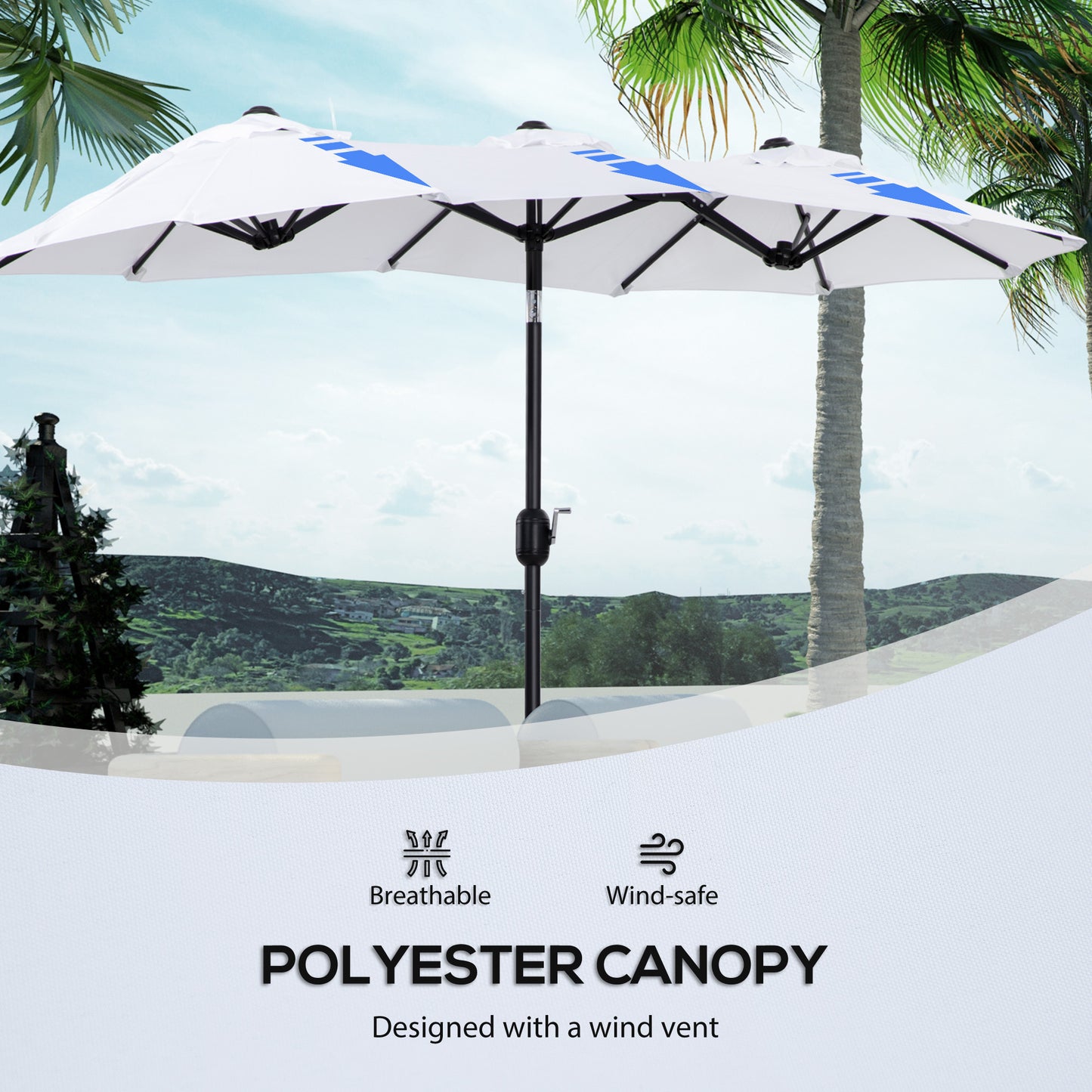 White double patio umbrella with blue accents ideal for outdoor relaxation