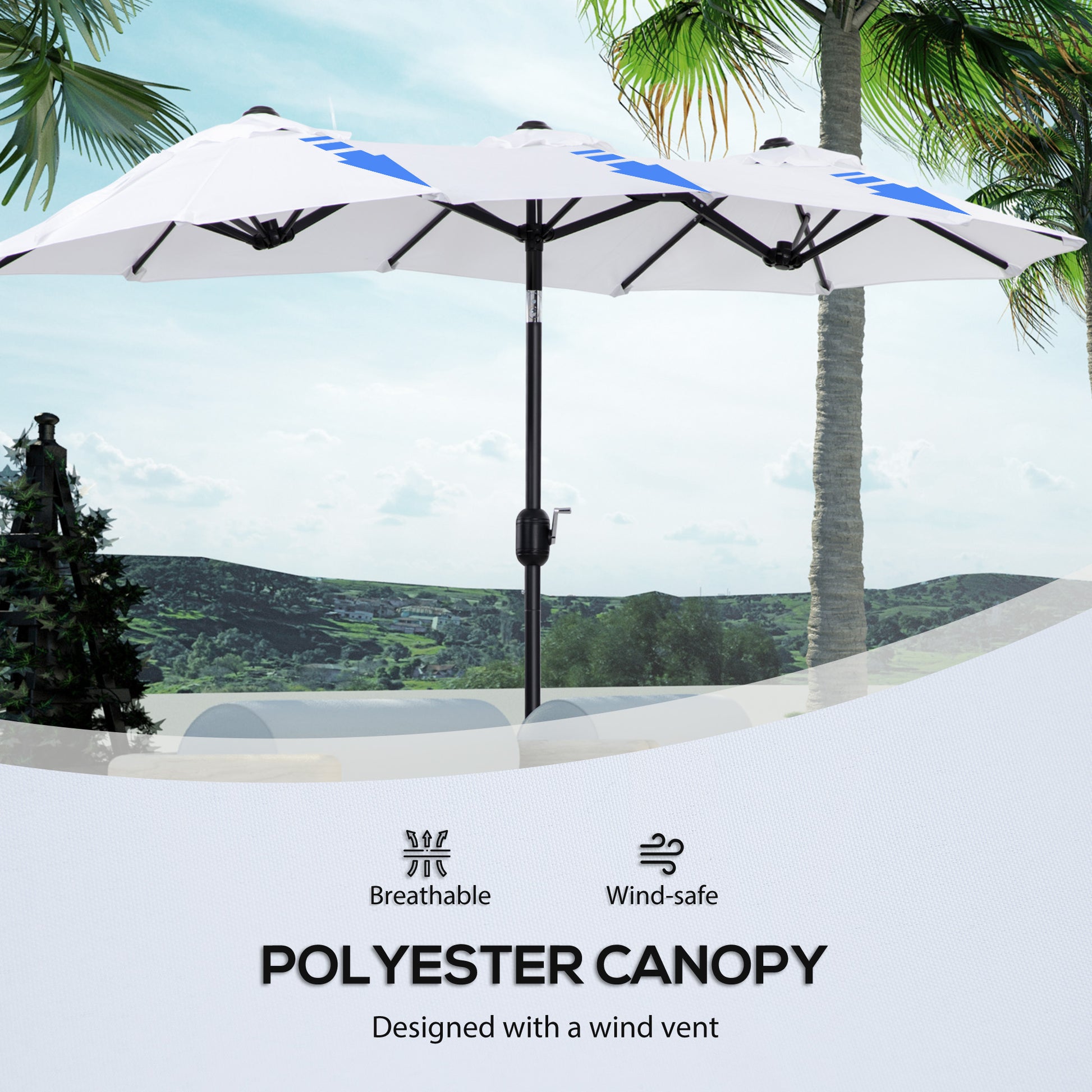 White double patio umbrella with blue accents ideal for outdoor relaxation