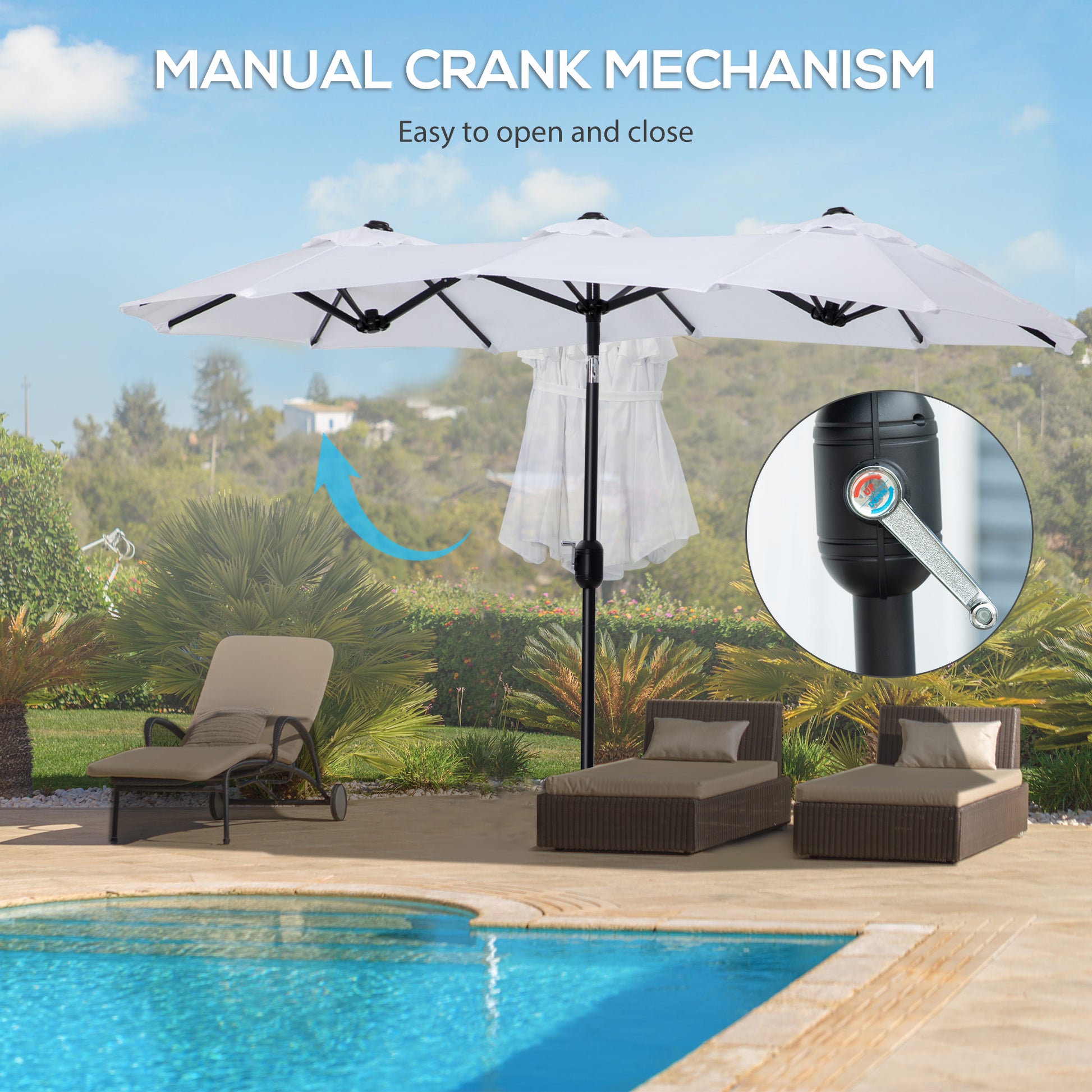 White double patio umbrella with manual crank mechanism by poolside