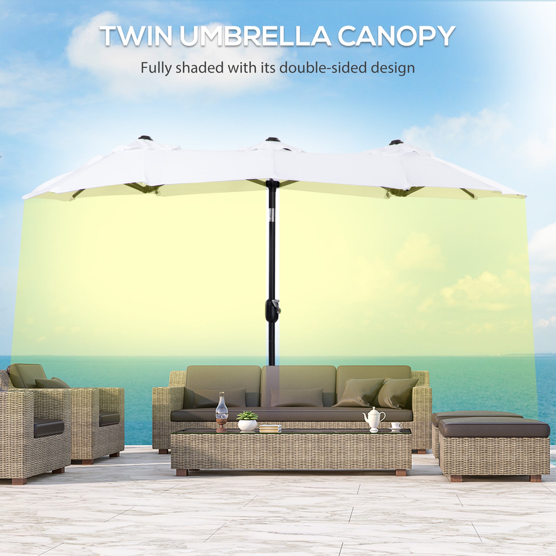 White twin umbrella canopy providing ample shade over outdoor patio furniture set