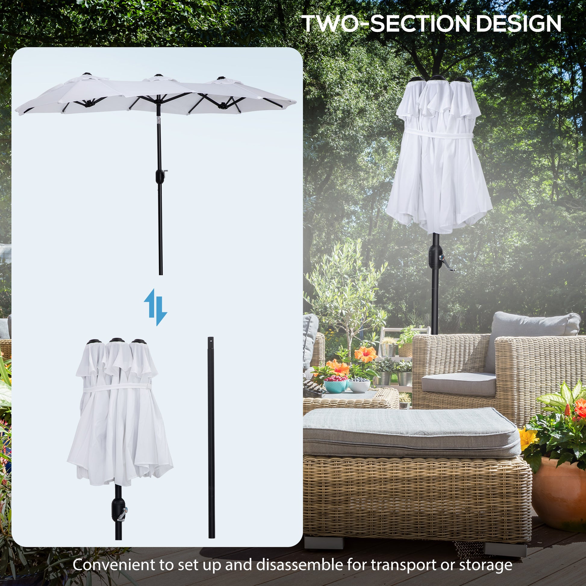 White outdoor patio umbrella with a twosection design adjustable and foldable for easy transport