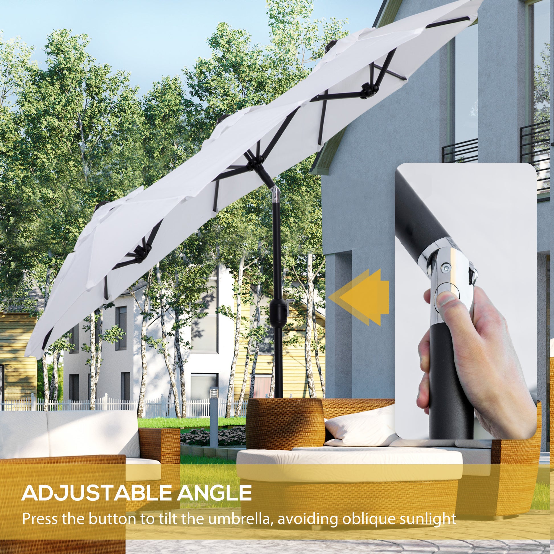 White rectangular patio umbrella with adjustable tilt mechanism
