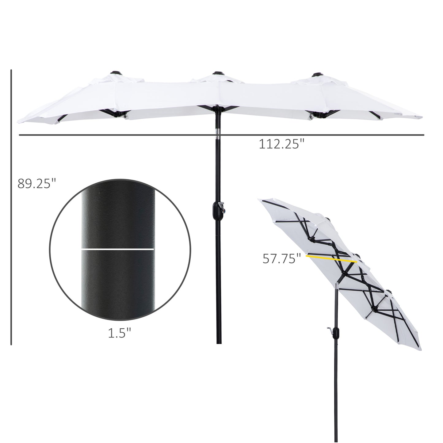 White double patio umbrella  inches wide with black pole for outdoor shade