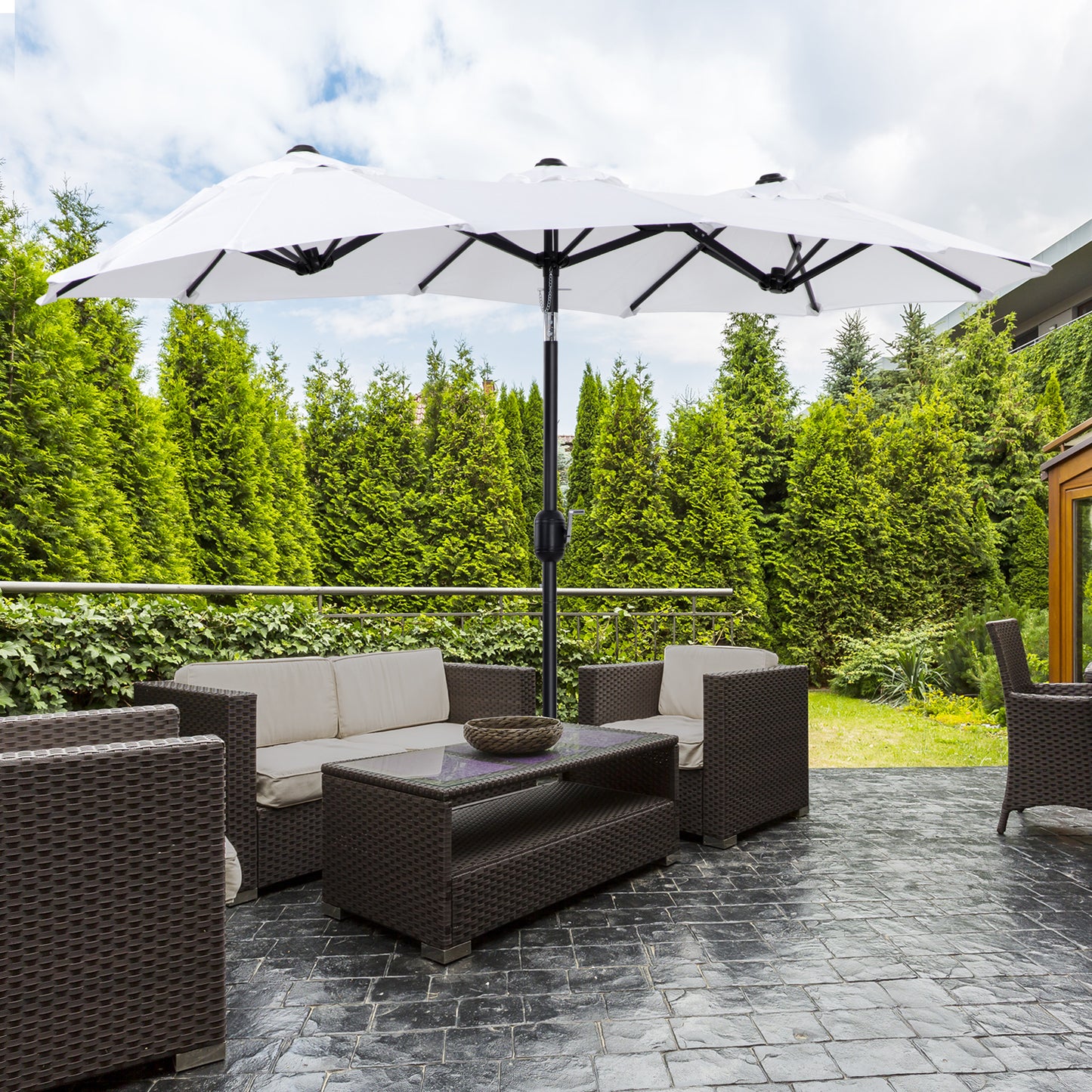 Large white patio umbrella with eight canopy sections for ample shade