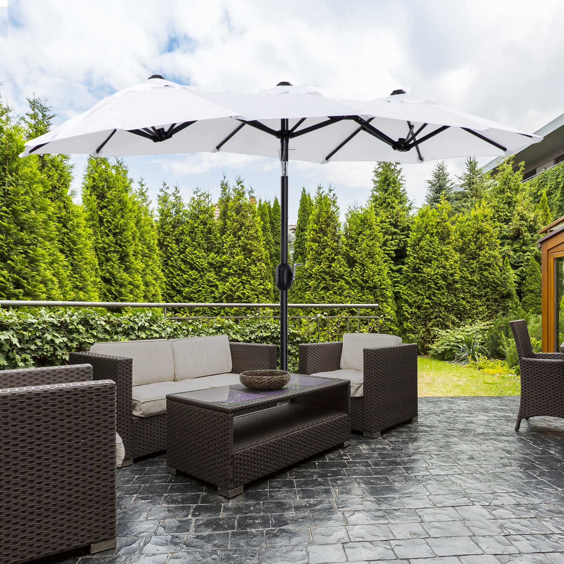 Large white patio umbrella with eight canopy sections for ample shade