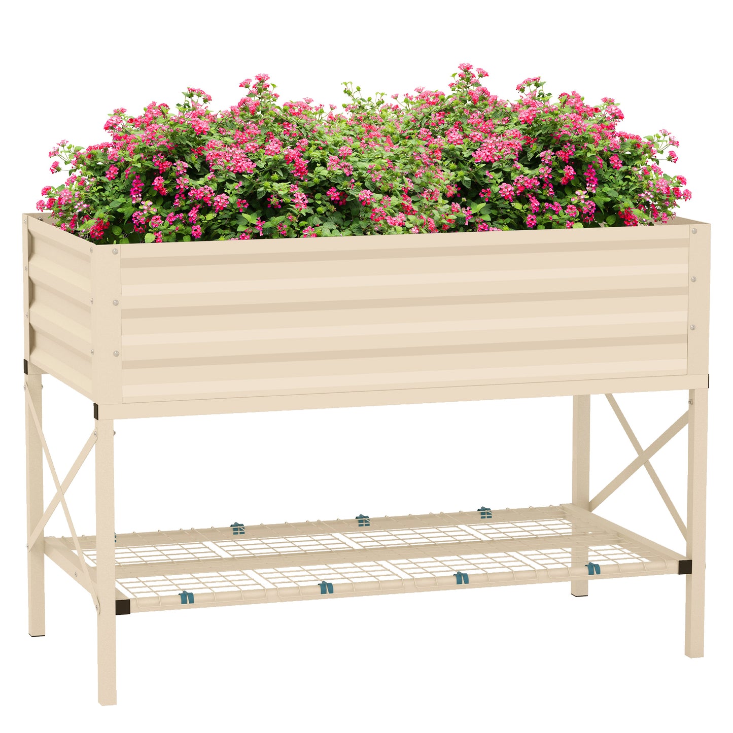 Raised garden bed in tan metal with pink flowers and a lower shelf for storage