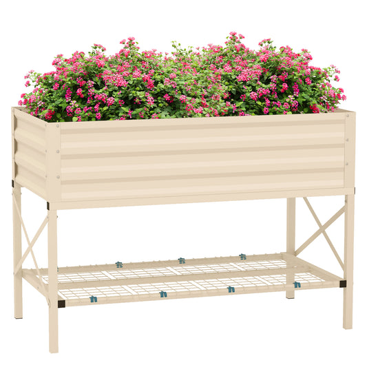 Raised garden bed in tan metal with pink flowers and a lower shelf for storage