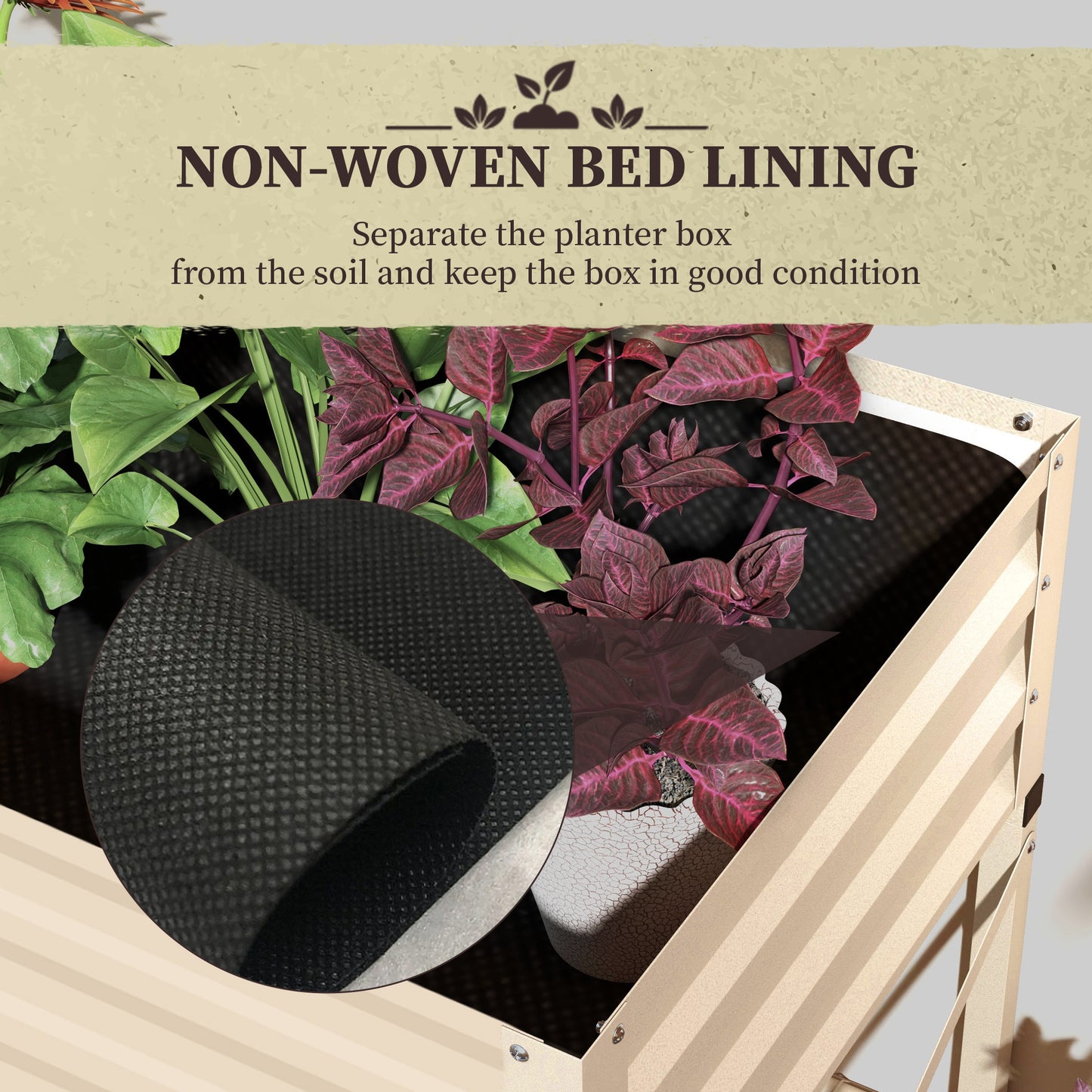 Black nonwoven fabric lining used to protect raised garden beds from soil