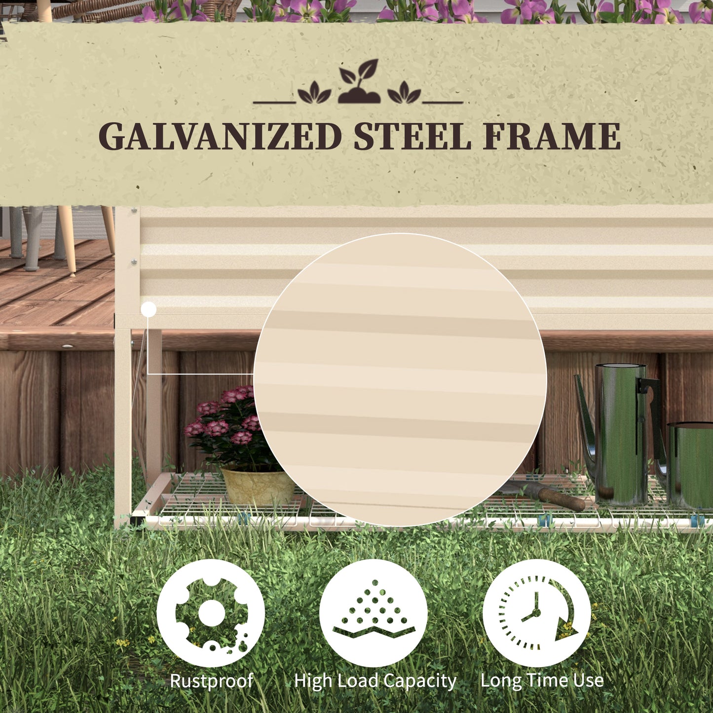 Beige galvanized steel frame raised garden bed with tiered shelving for outdoor planting