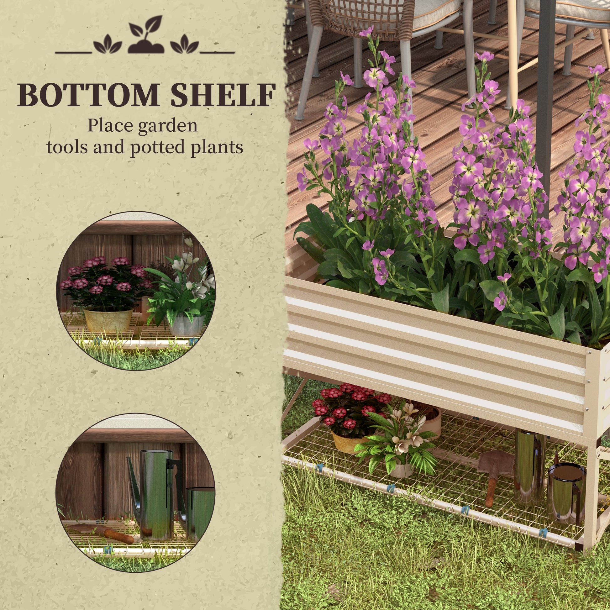Raised garden bed with striped accents showcasing purple stock flowers in bloom