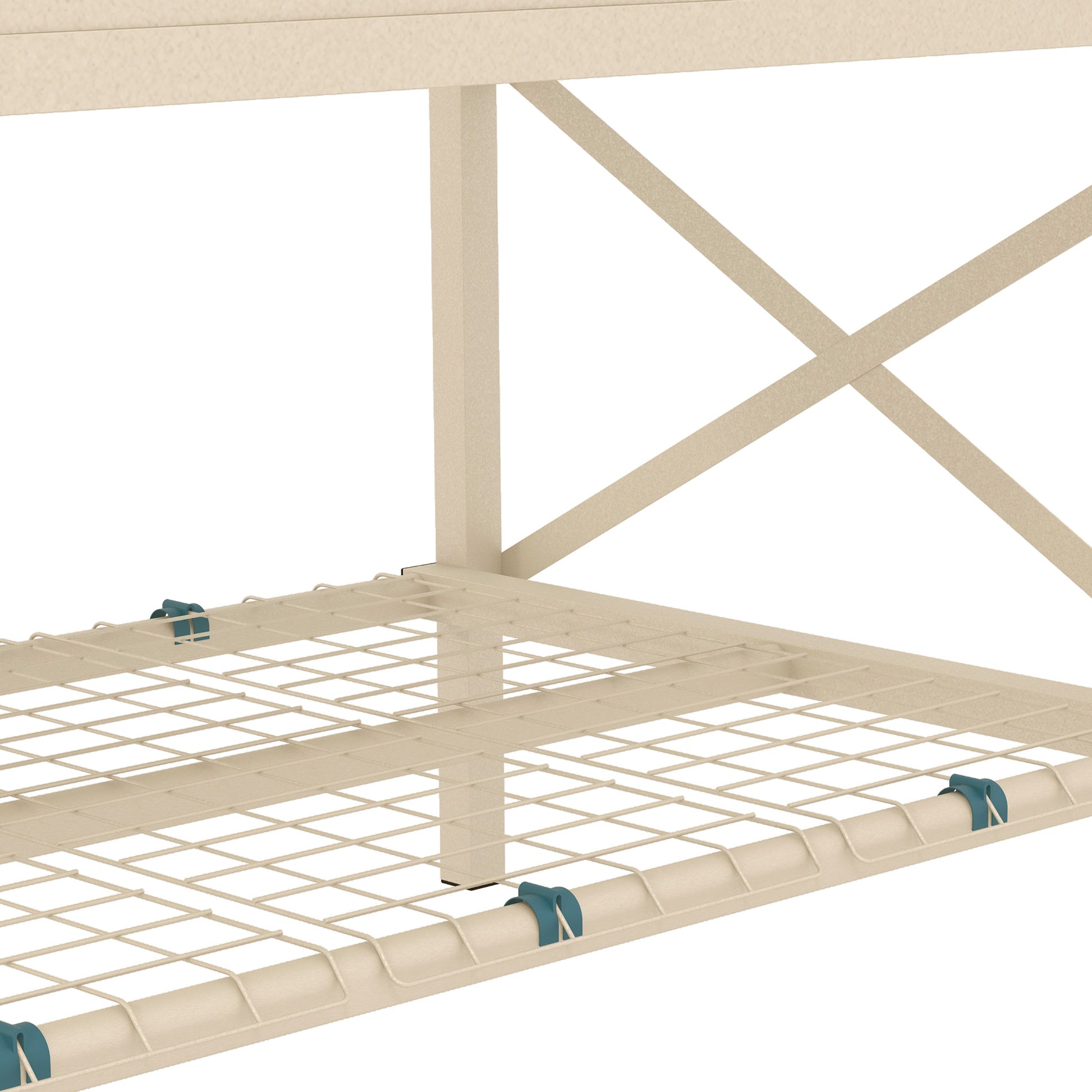 Closeup of a tan metal bed frame with a wire mesh mattress support and teal clips