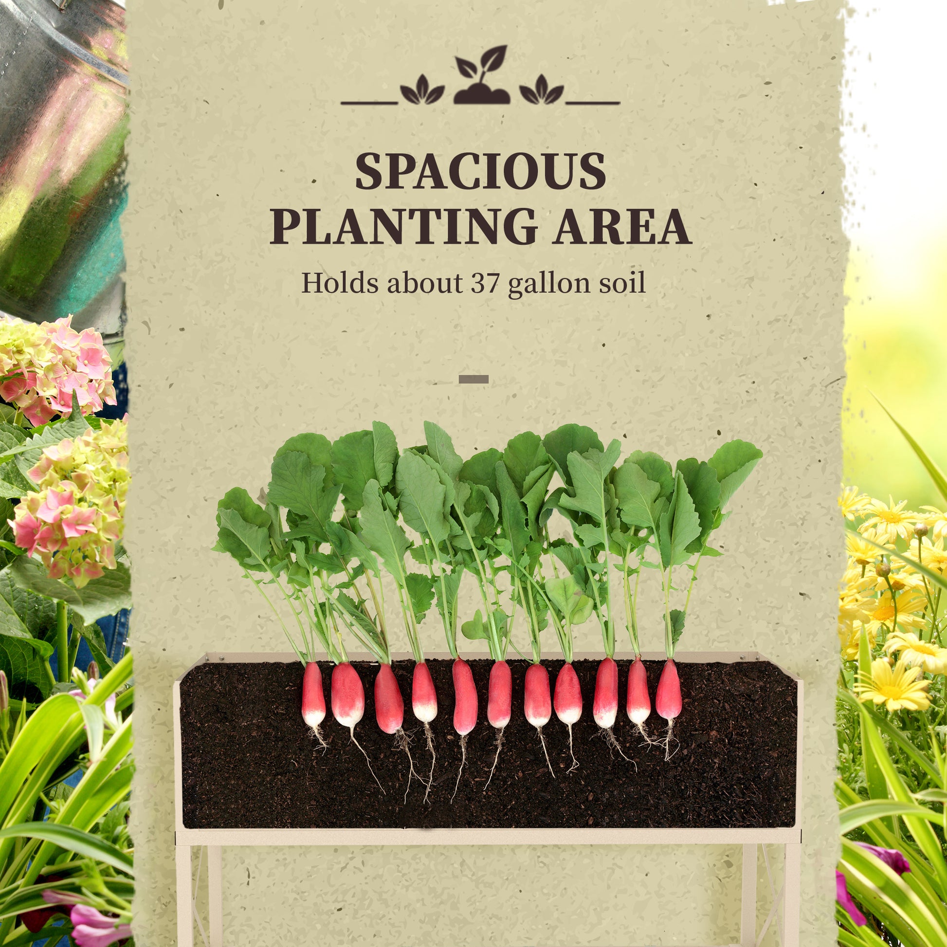 Raised garden bed with gallon soil capacity showcasing freshly harvested radishes