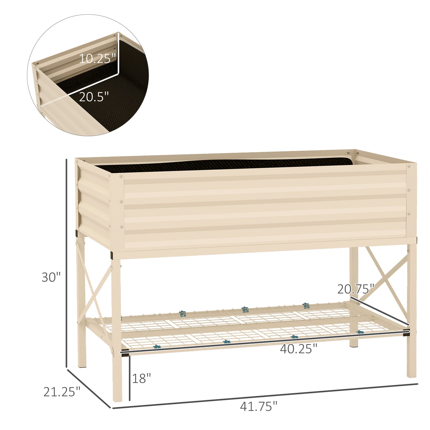 Cream corrugated metal raised garden bed with a lower shelf  L x  W x  H