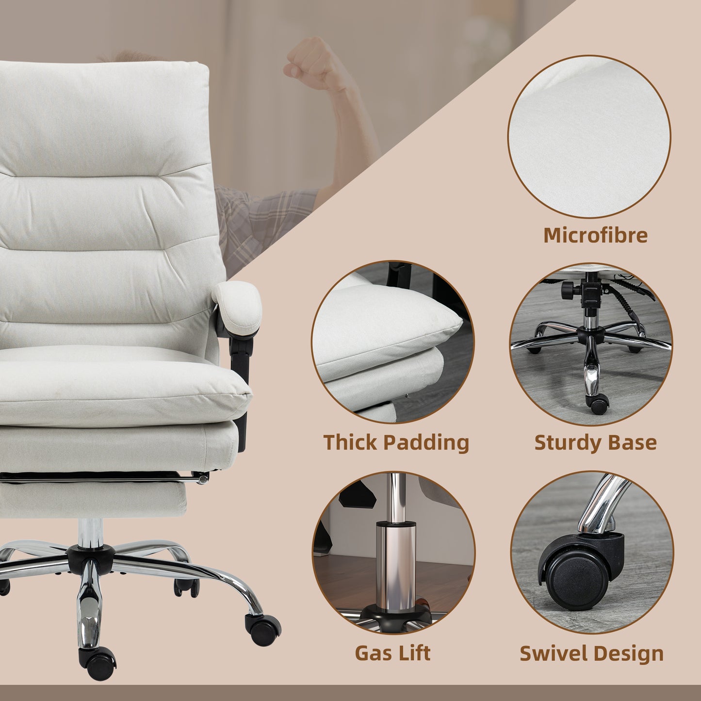 Comfortable cream microfiber office chair with plush cushioning and adjustable features