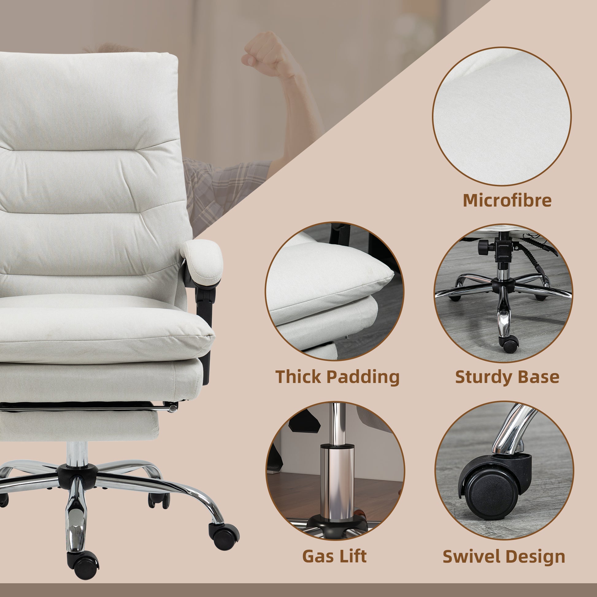 Comfortable cream microfiber office chair with plush cushioning and adjustable features