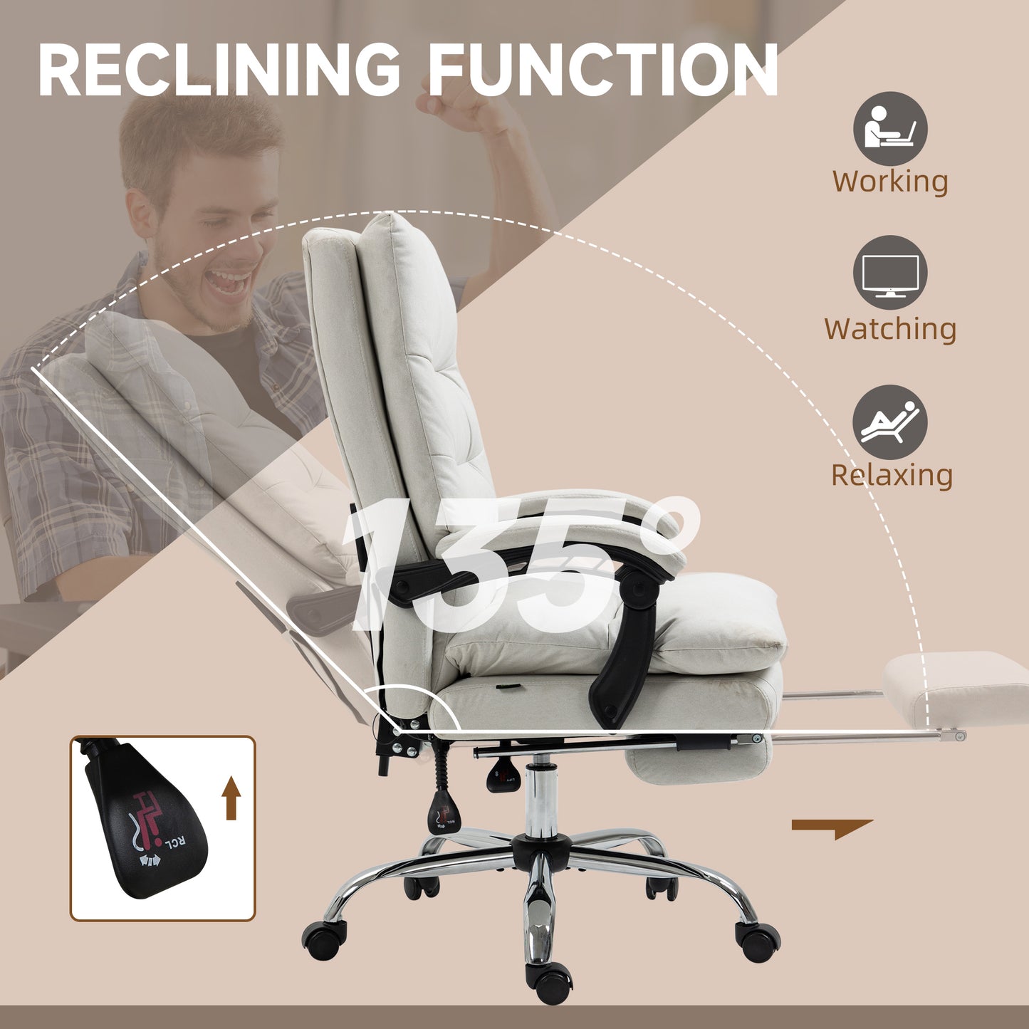 Light gray fabric ergonomic chair with adjustable reclining function up to  degrees