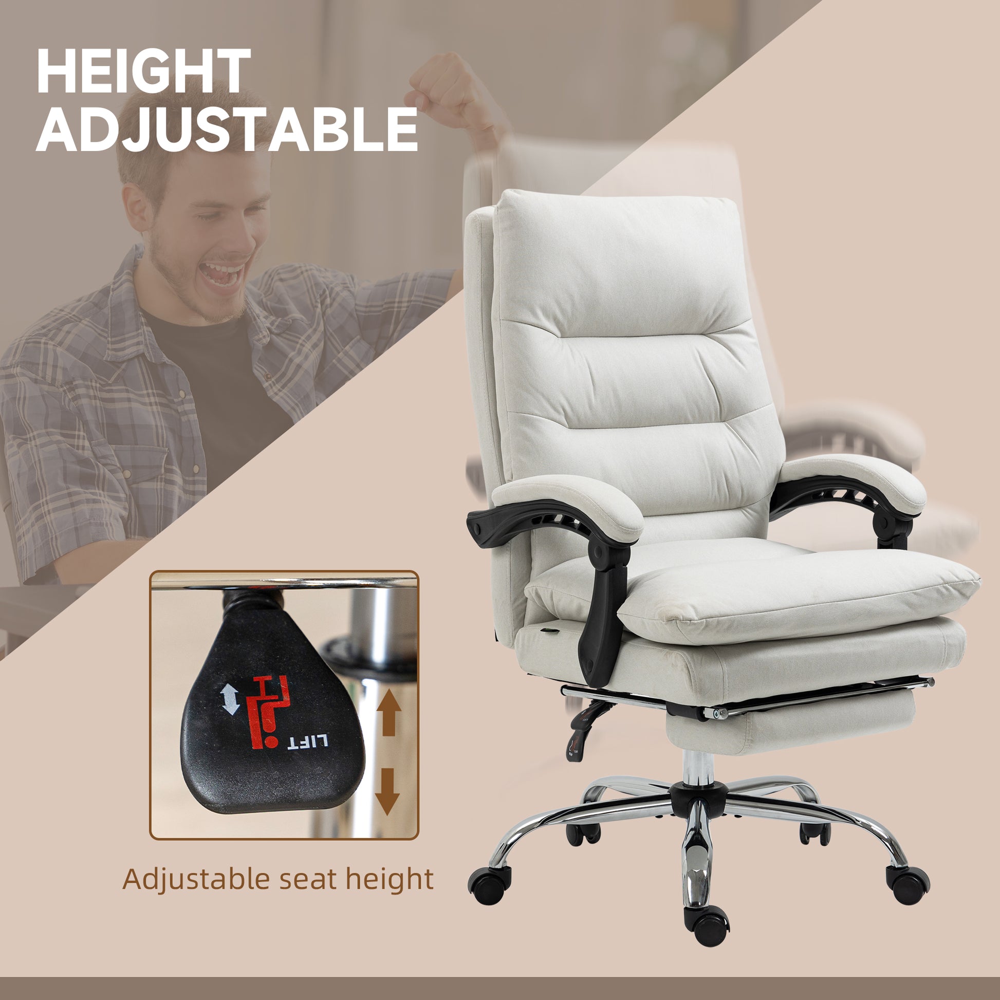 Cream executive office chair with padded seat adjustable footrest and chrome base