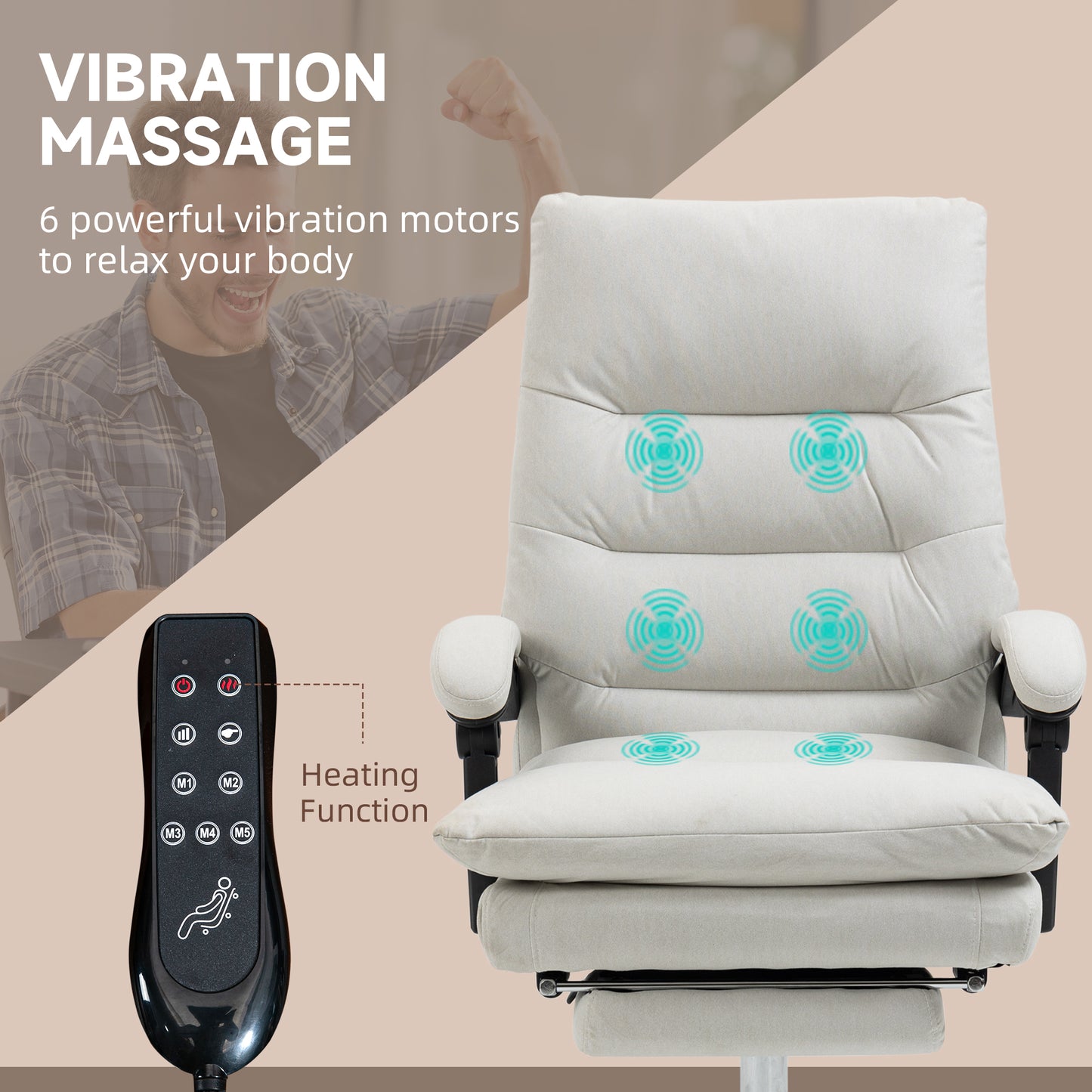 Cream fabric massage office chair with  vibration motors and remote control for ultimate relaxation