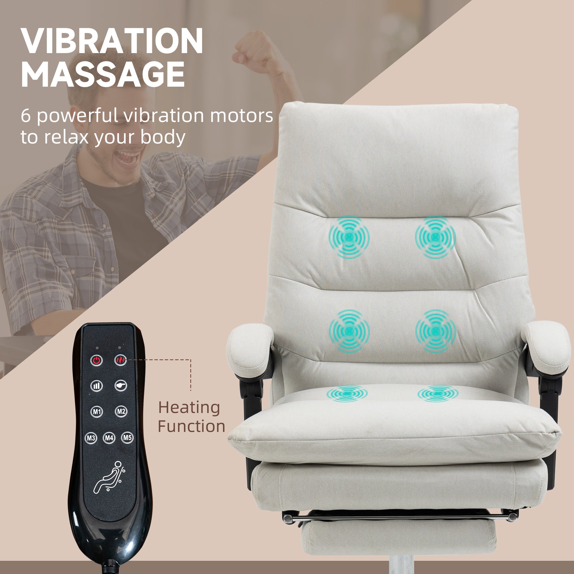 Cream fabric massage office chair with  vibration motors and remote control for ultimate relaxation