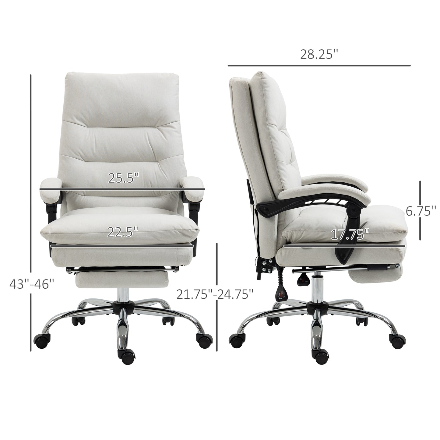 Ergonomic executive chair in light grey fabric with padded seat and back adjustable arms and footrest