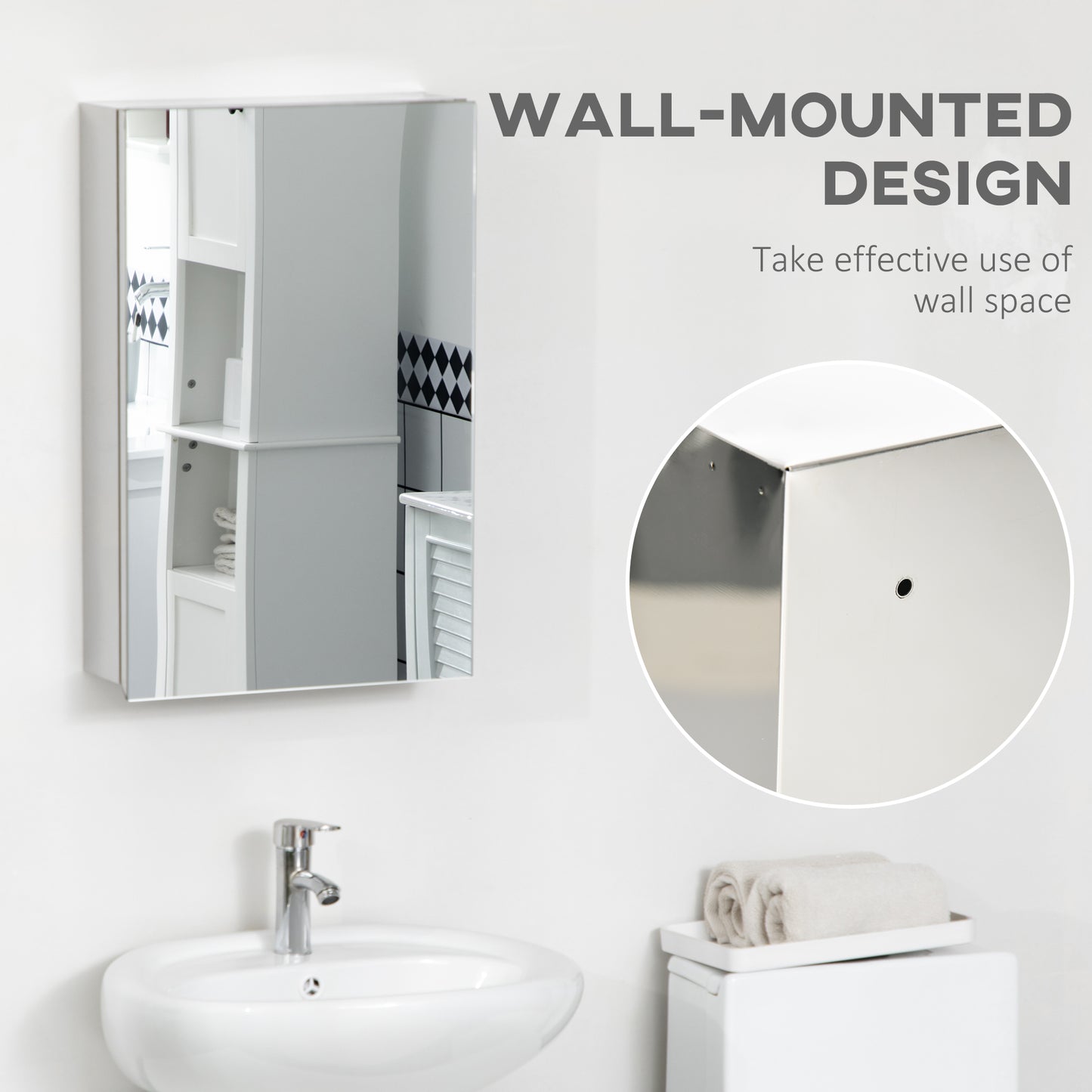 White medicine cabinet with mirrored door wallmounted design for bathroom storage