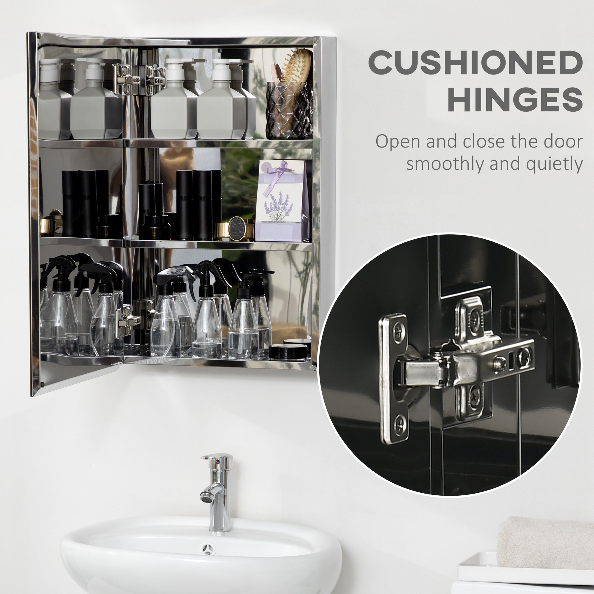 Silver stainless steel medicine cabinet with mirrored doors and cushioned hinges