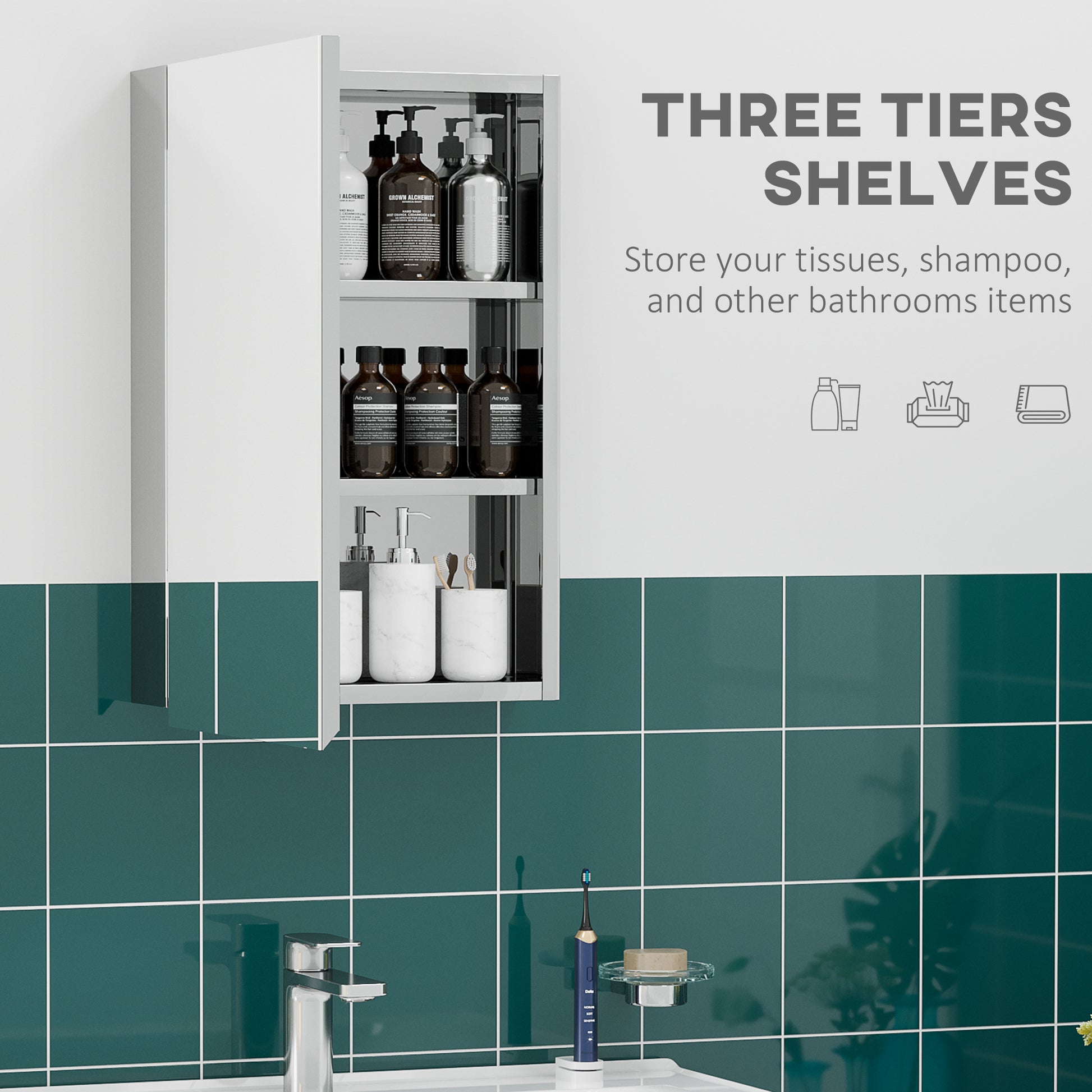 Modern white bathroom cabinet with three open shelves storing toiletries