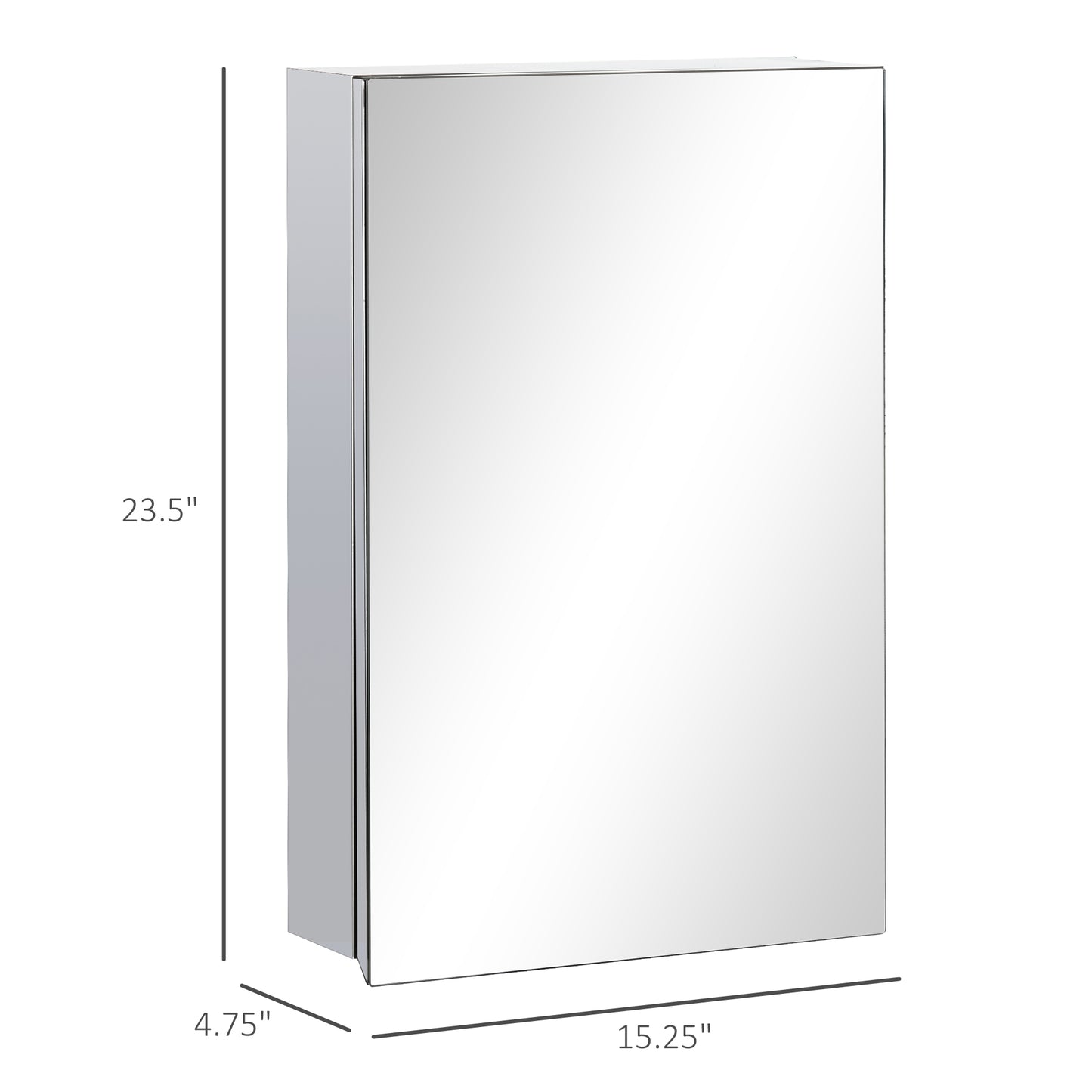 Chrome medicine cabinet with mirrored door and dimensions shown