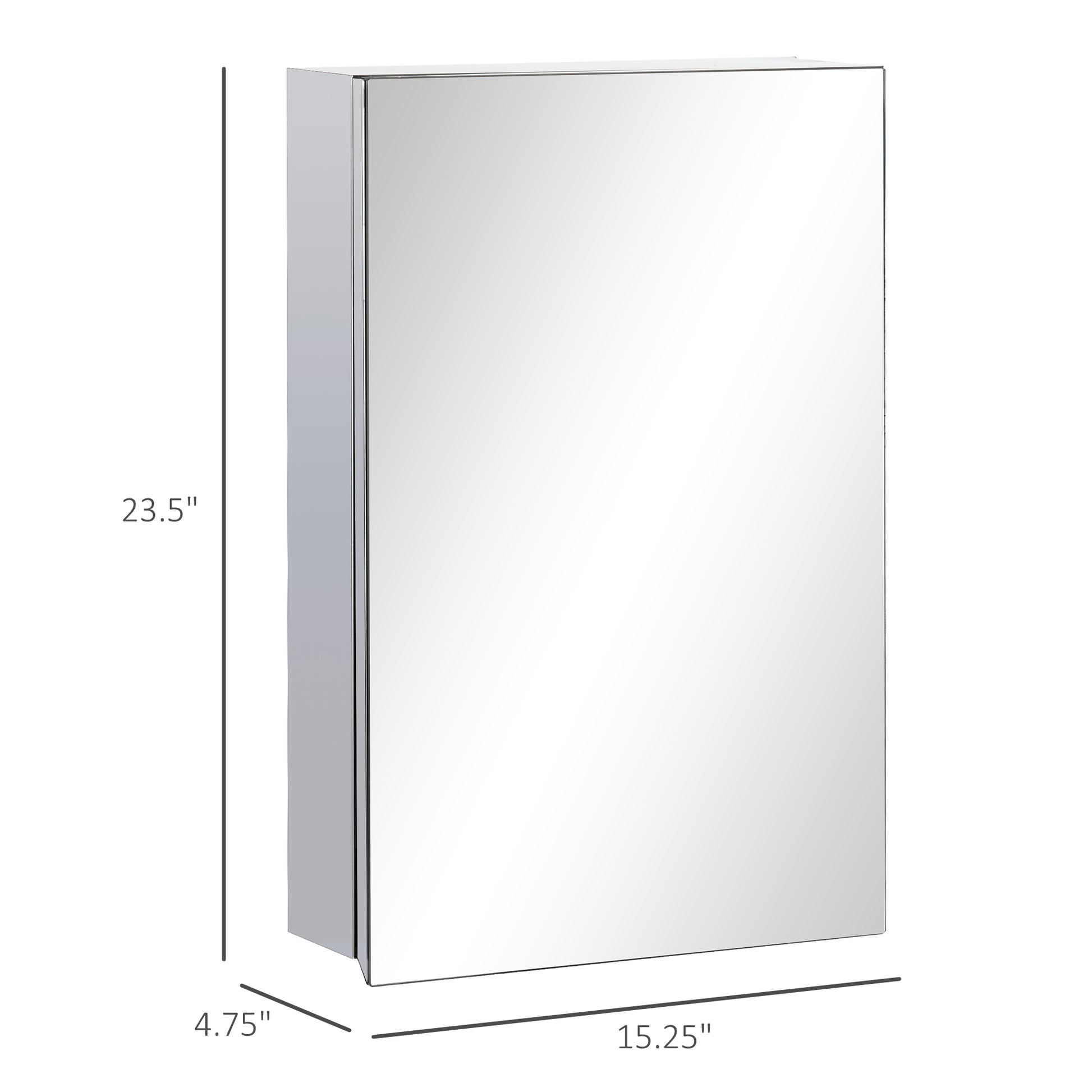 Chrome medicine cabinet with mirrored door and dimensions shown